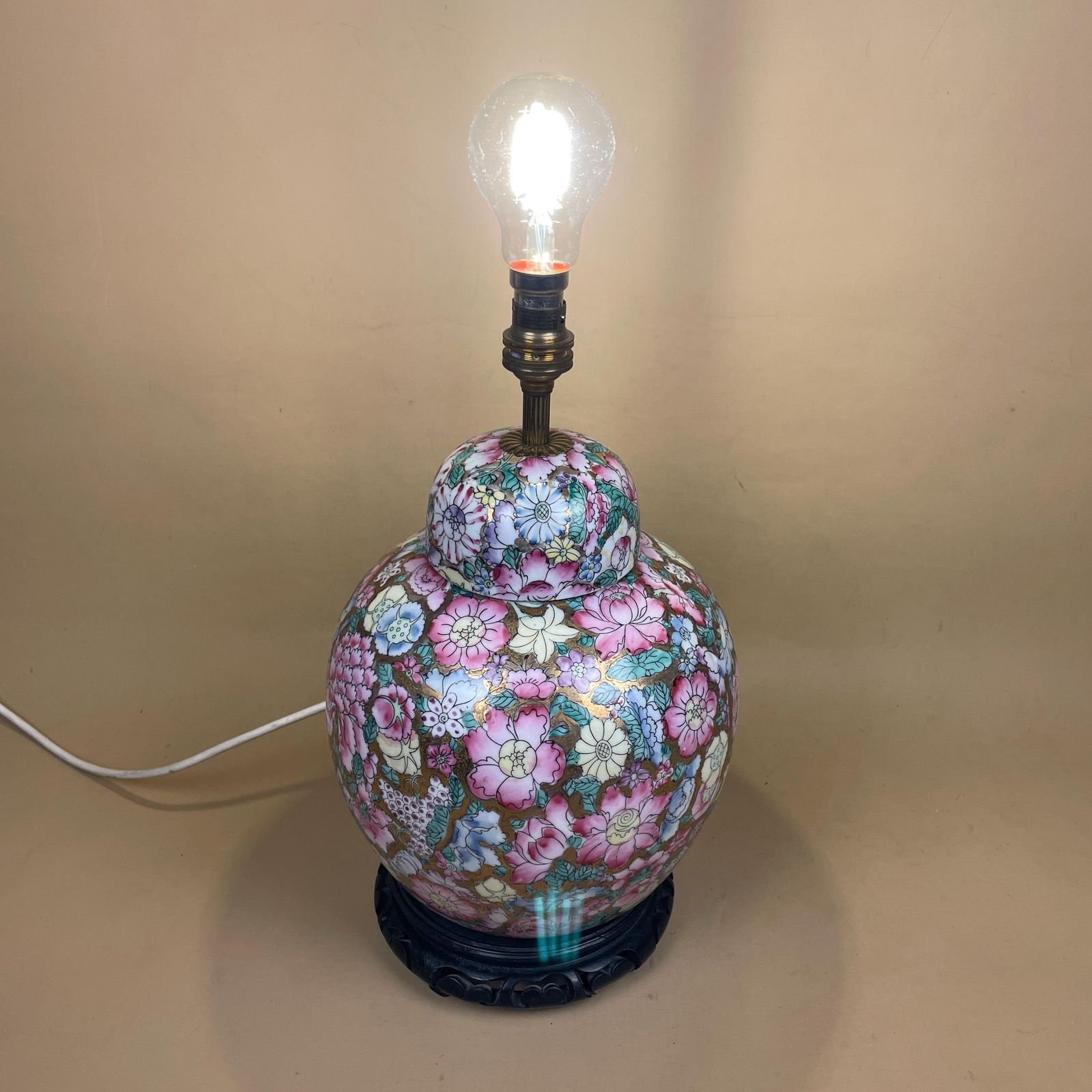 159.0 Oriental Ceramic Baluster Vase Lamp Hand Painted Pink Gold Floral Porcelain Table Lamp Chinoiserie Ornate Pattern Wood Base Ginger Jar Large photo