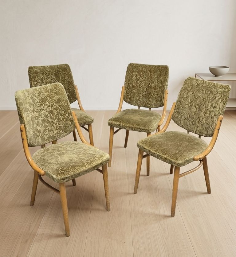 Bentwood Dining Chairs Set Of 4, Retro Beech Wood & Olive Velour Chair, Ton 1960s–1970s, Czechoslovakia photo 803.0