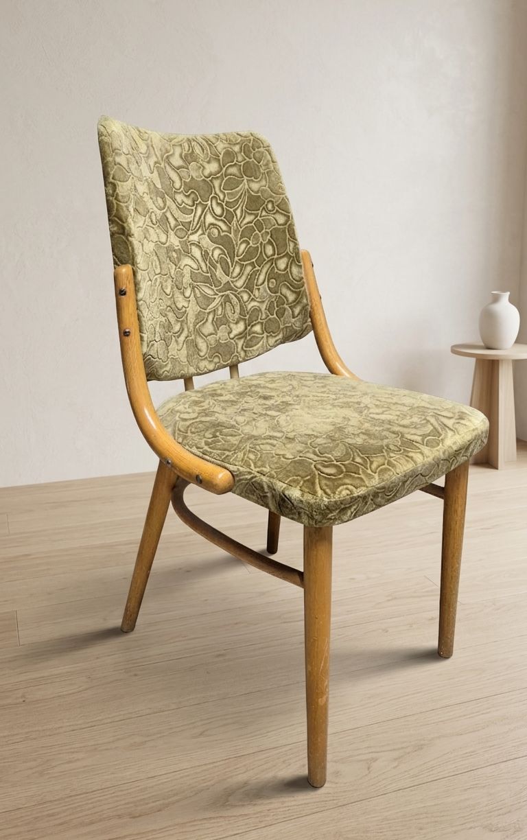 Bentwood Dining Chairs Set Of 4, Retro Beech Wood & Olive Velour Chair, Ton 1960s–1970s, Czechoslovakia photo buy
