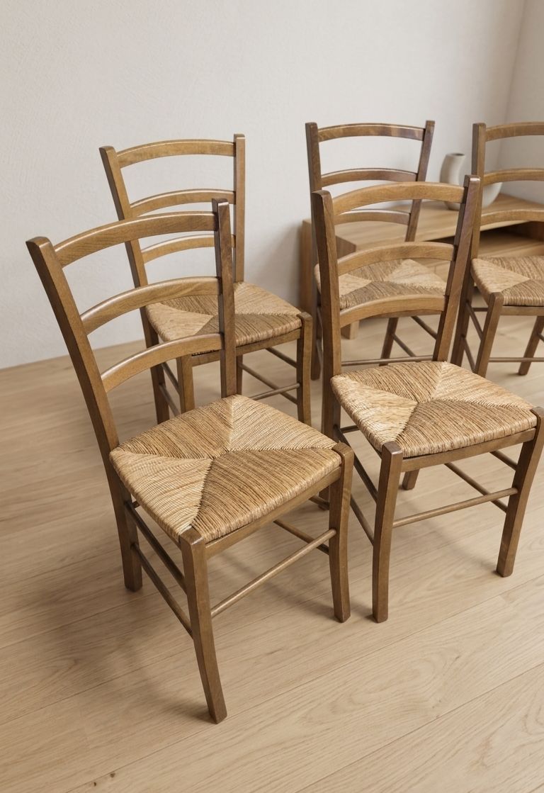 Set Van 8 Scandinavische Eetkamerstoelen, Houten Frame En Gevlochten Rieten Zitting, Gemla Fabrikers Ab, 20e Eeuw photo vinterior