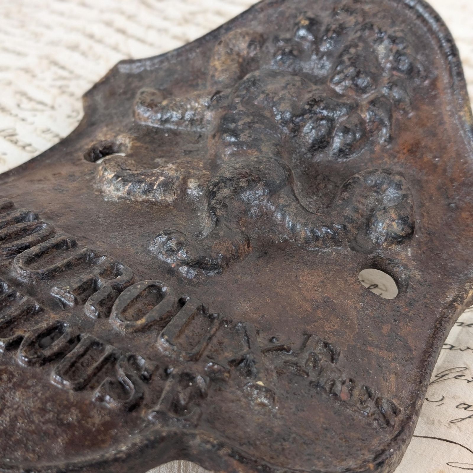 Cast Iron Lion Shield Plaque, Antique French Amouroux Freres Toulouse Agricultural Machinery Mark, Rustic Industrial Farmhouse Salvage photo vintage