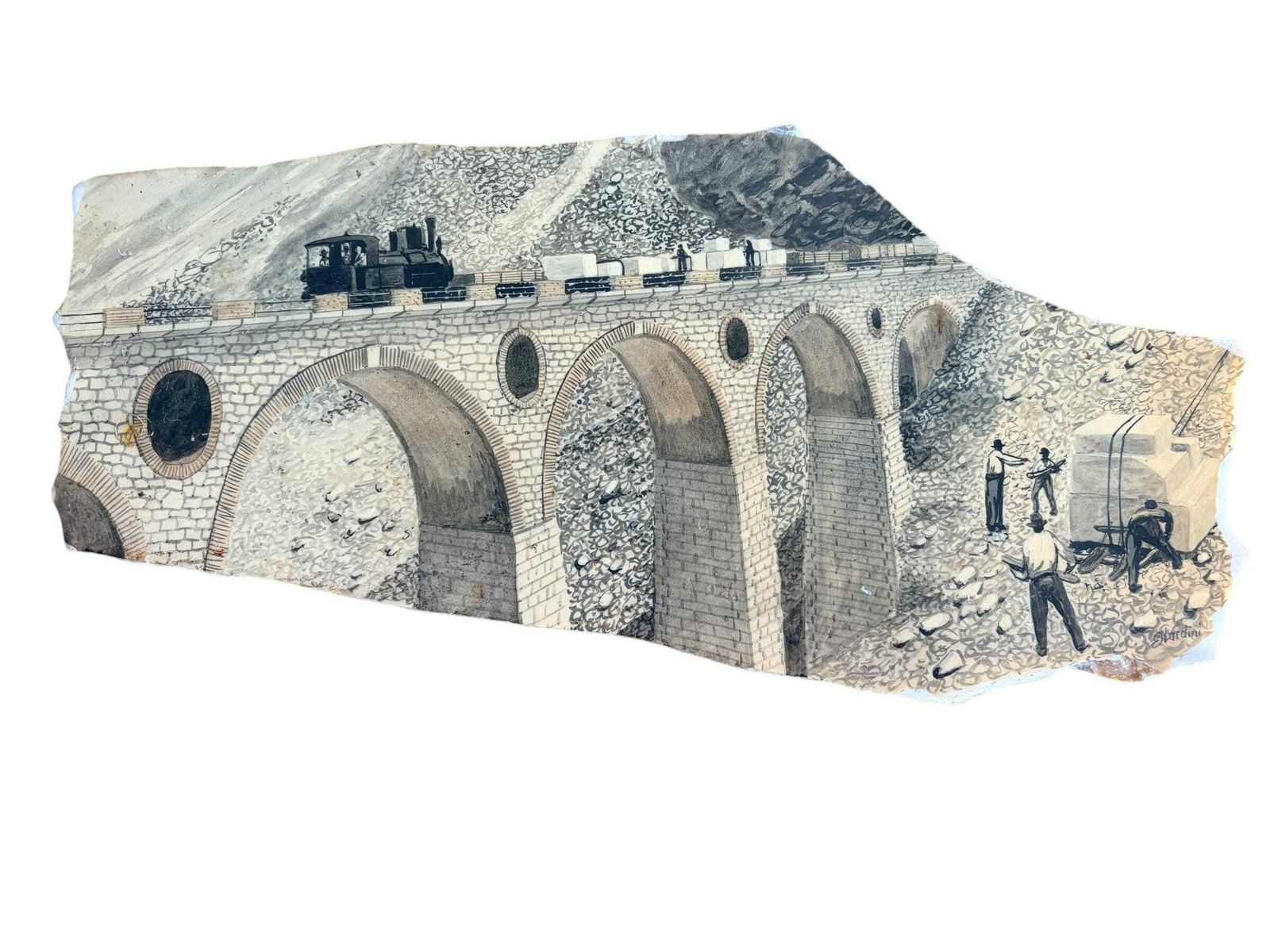 Vintage Italian Marble Plaque Railway Viaduct | Steam Train Wall Art | Industrial Alpine Scene | Large Stone Art 42cm photo furniture