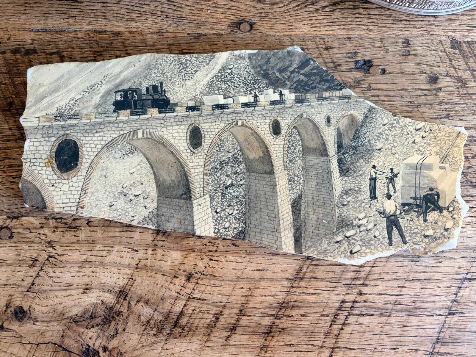 photo vintage Vintage Italian Marble Plaque Railway Viaduct | Steam Train Wall Art | Industrial Alpine Scene | Large Stone Art 42cm