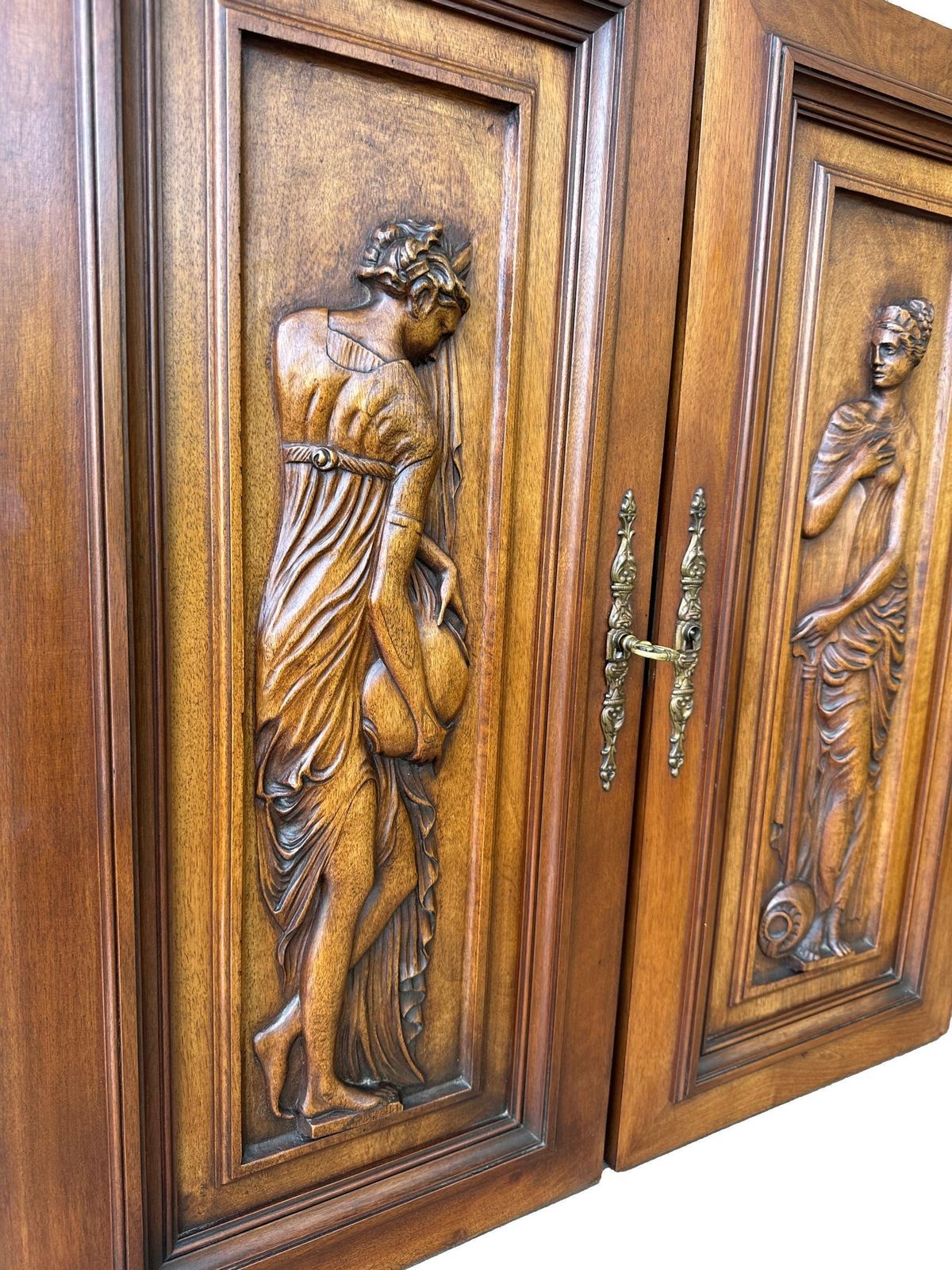 Antique French Walnut Doors | Hand Carved Neo Greek Cabinet Panels | 19th Century Wall Decor photo vintage