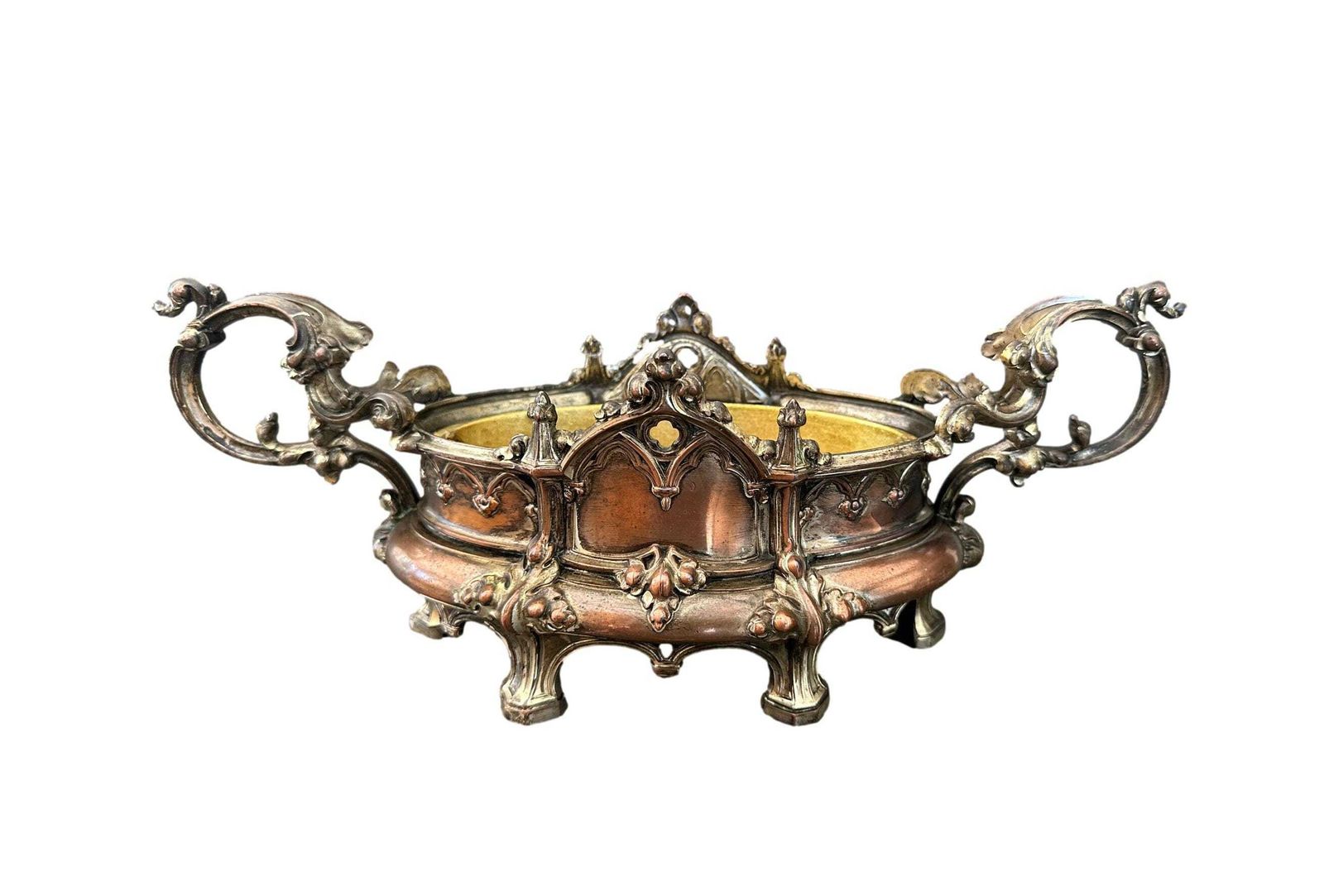 19th C. Gothic Revival Planter | Antique French Spelter Jardiniere | Troubadour Style Centerpiece | Medieval Decor