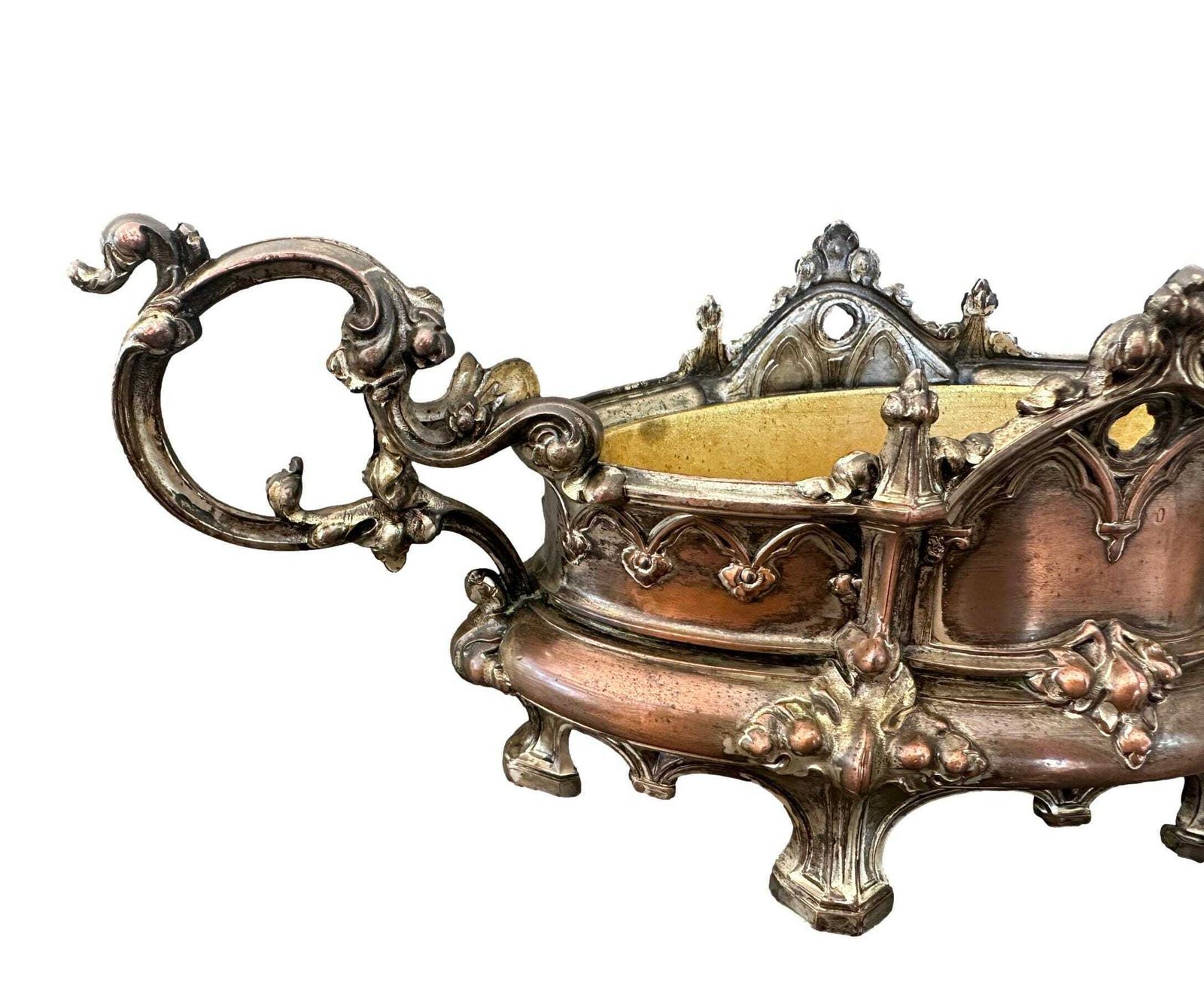 19th C. Gothic Revival Planter | Antique French Spelter Jardiniere | Troubadour Style Centerpiece | Medieval Decor photo 389.0