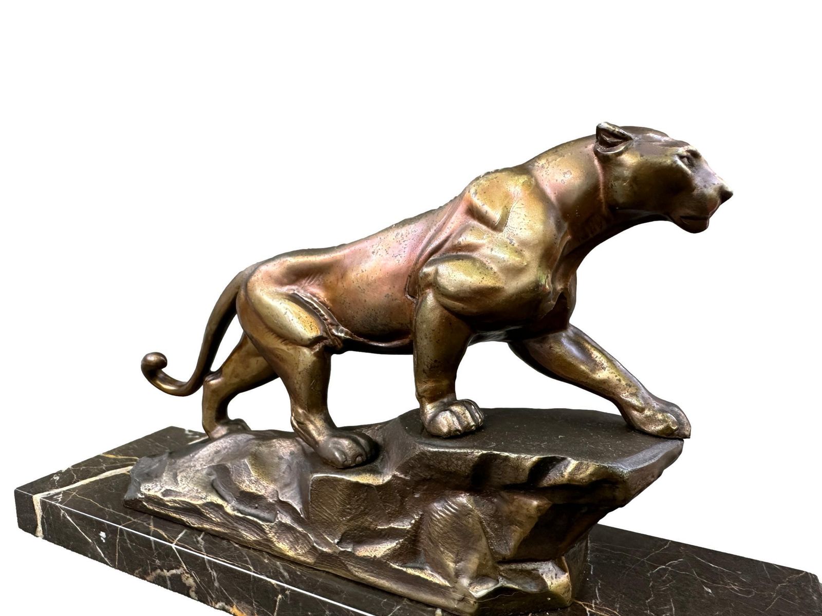 Art Deco Panther Sculpture, Bronze Spelter Marble, 1930s French Jaguar Figurine photo buy