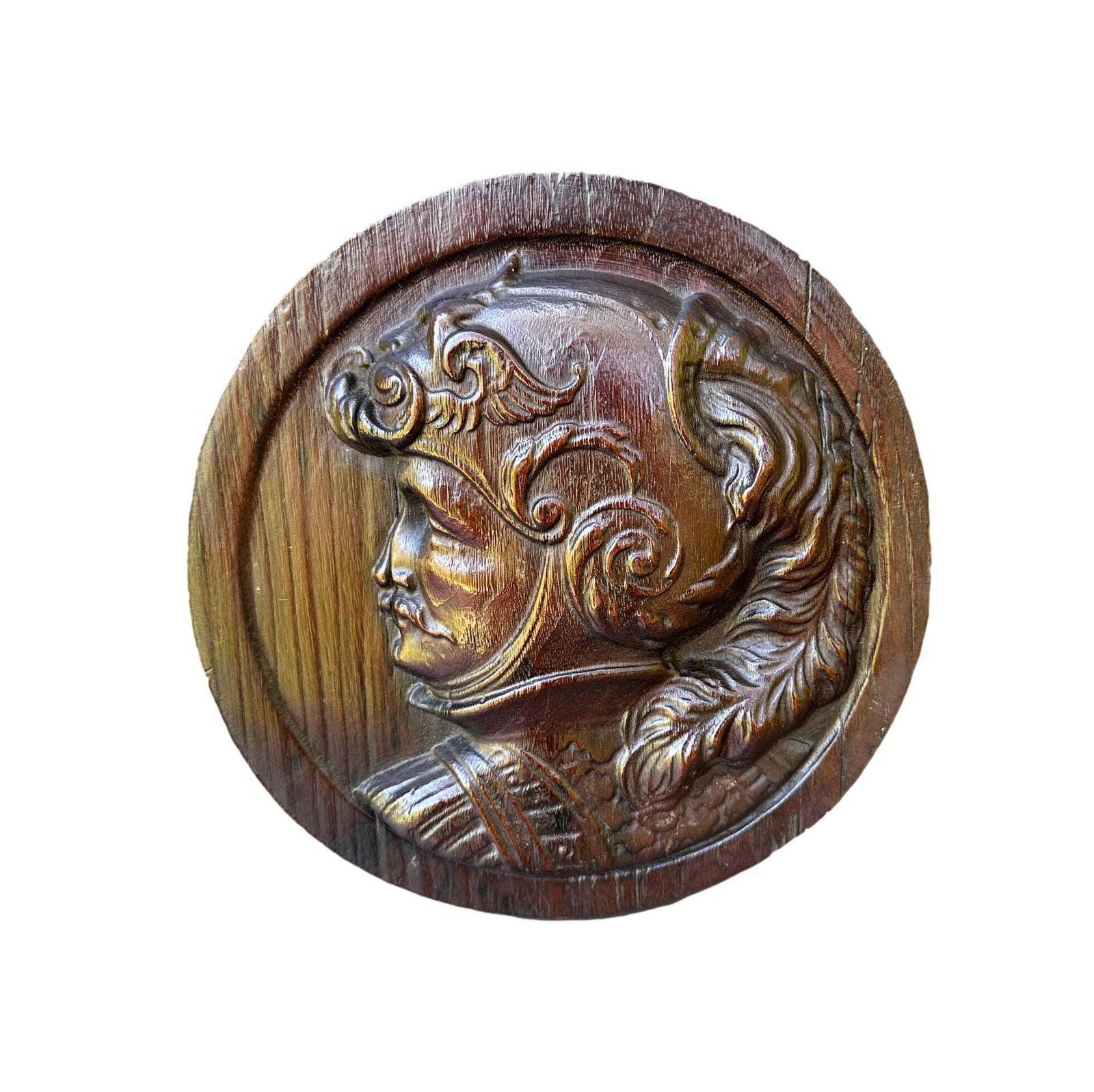 19th Century Hand Carved Walnut Bas Relief Knight Portrait – Renaissance Revival Wall Plaque