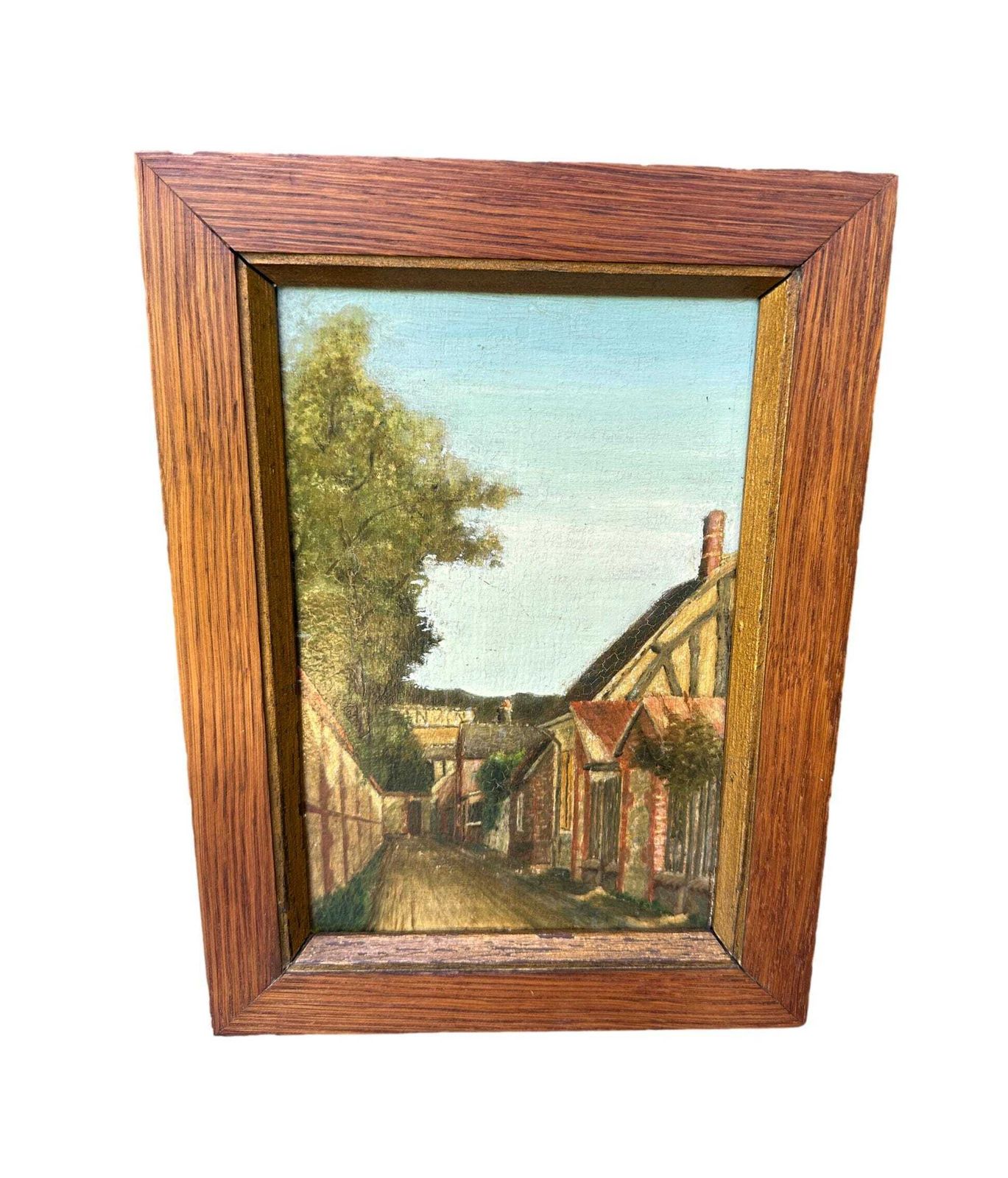 Early 20th Century Oil Painting On Panel   Village Street Scene   Original Oak Wood Frame