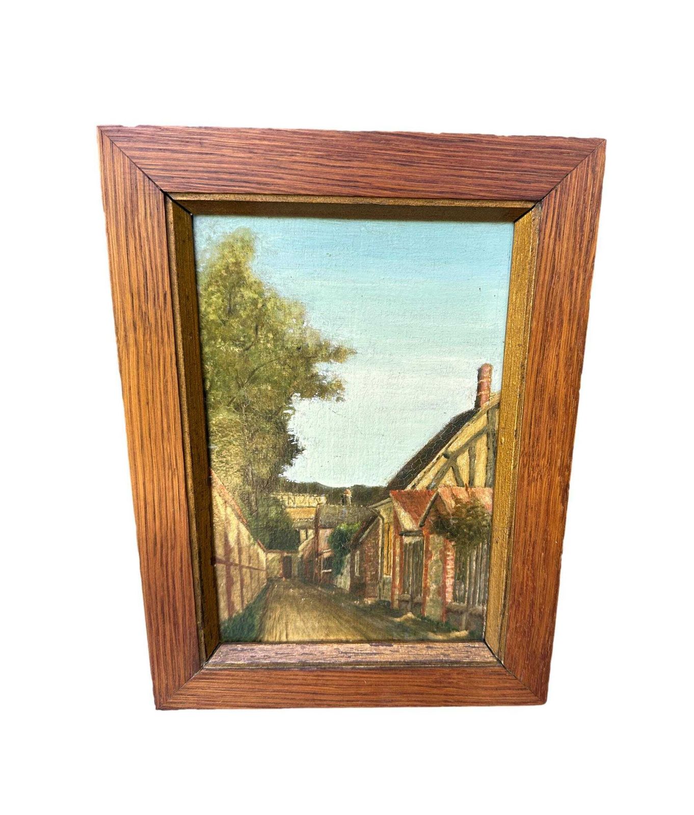 Early 20th Century Oil Painting On Panel   Village Street Scene   Original Oak Wood Frame photo for sale