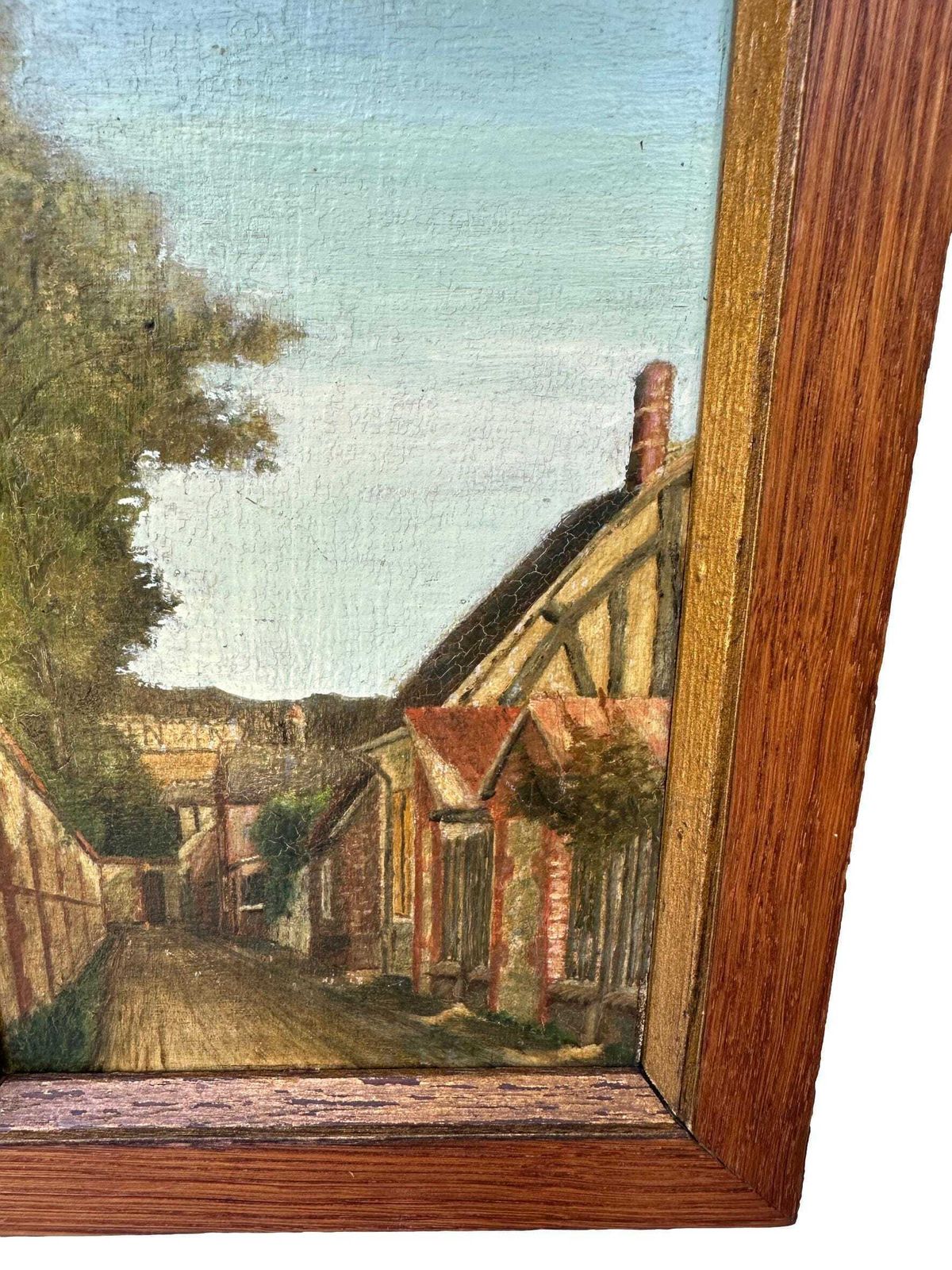 Early 20th Century Oil Painting On Panel   Village Street Scene   Original Oak Wood Frame photo Art