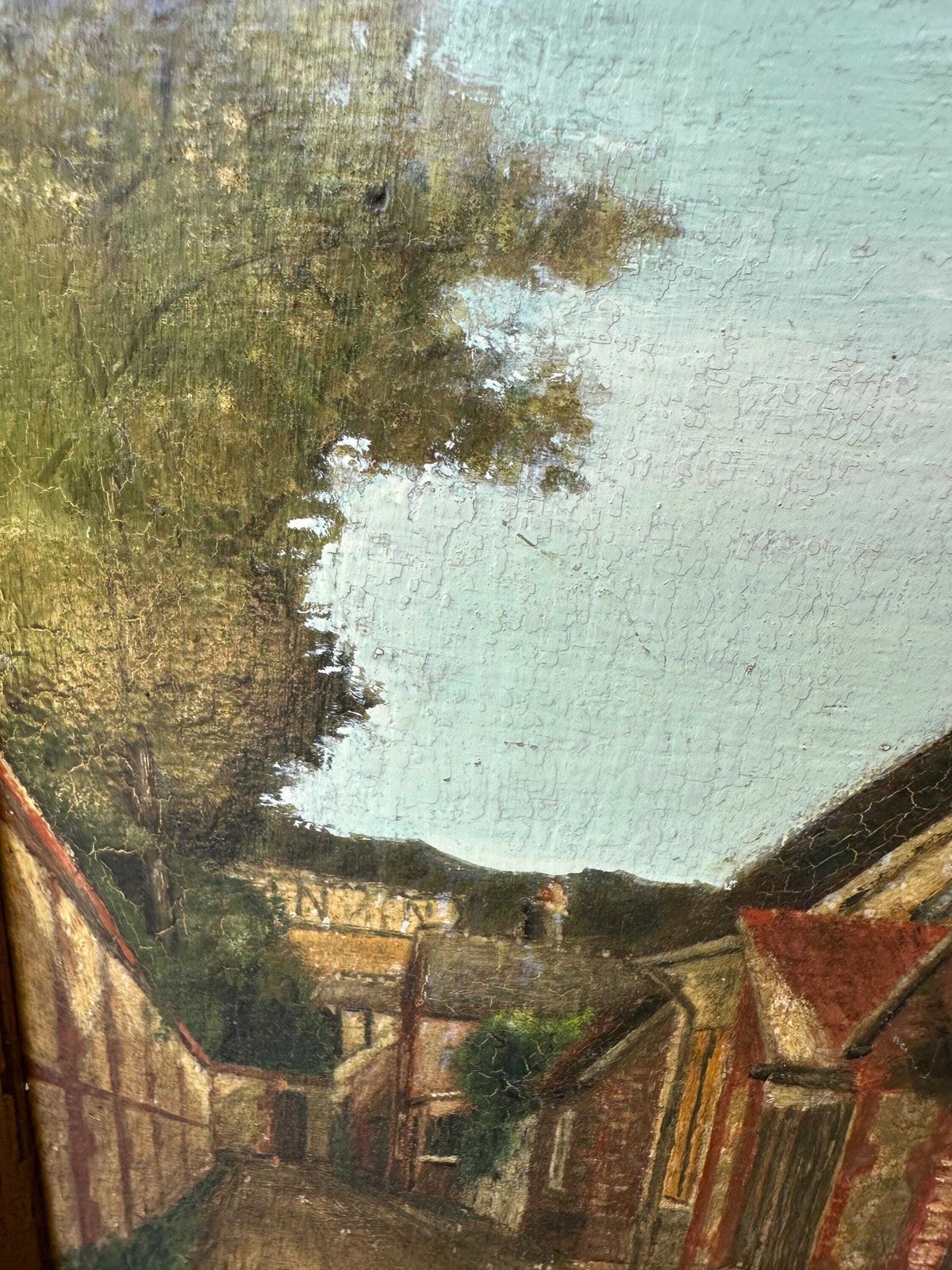 Early 20th Century Oil Painting On Panel   Village Street Scene   Original Oak Wood Frame photo vinterior