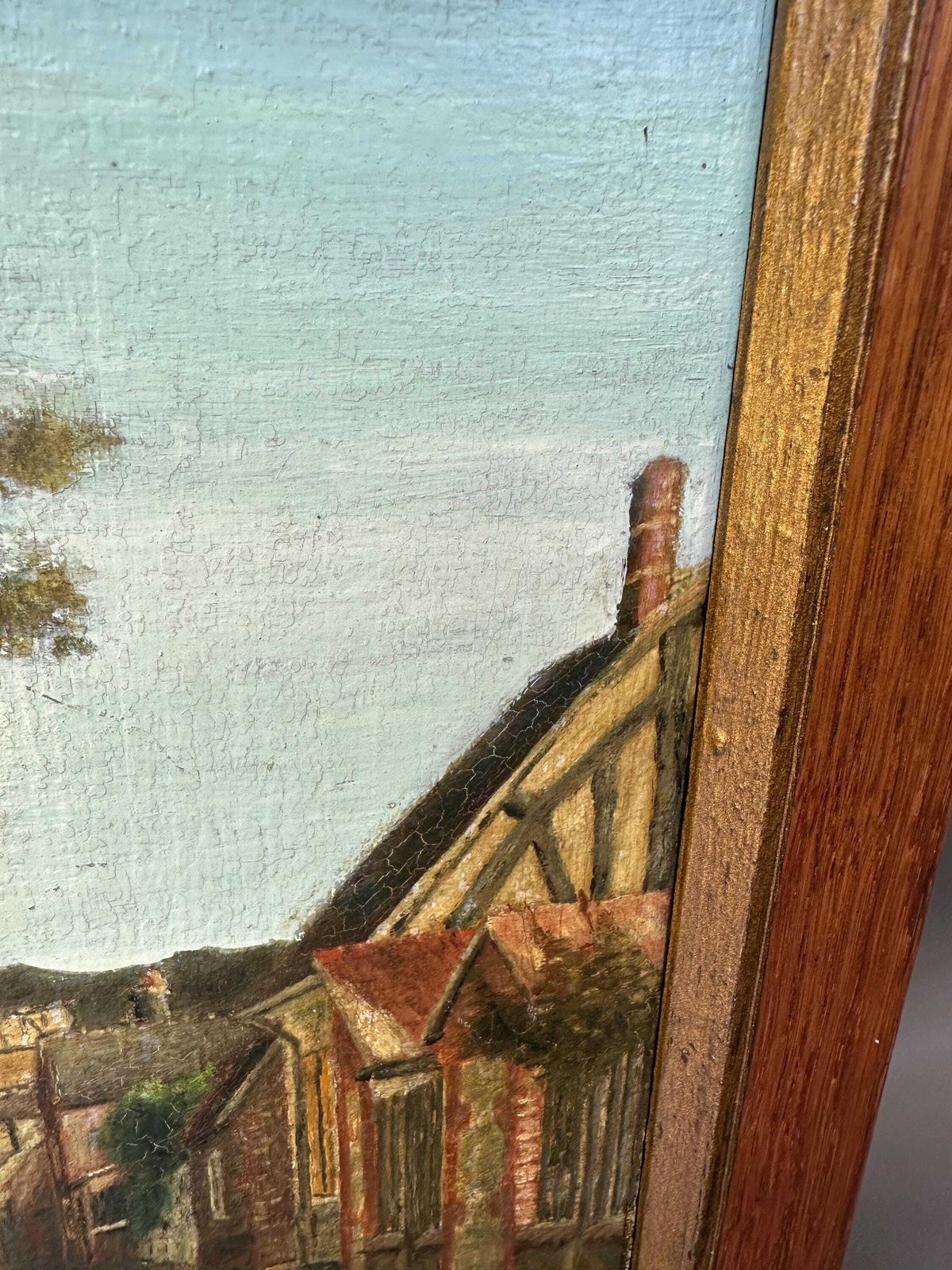 Early 20th Century Oil Painting On Panel   Village Street Scene   Original Oak Wood Frame photo buy