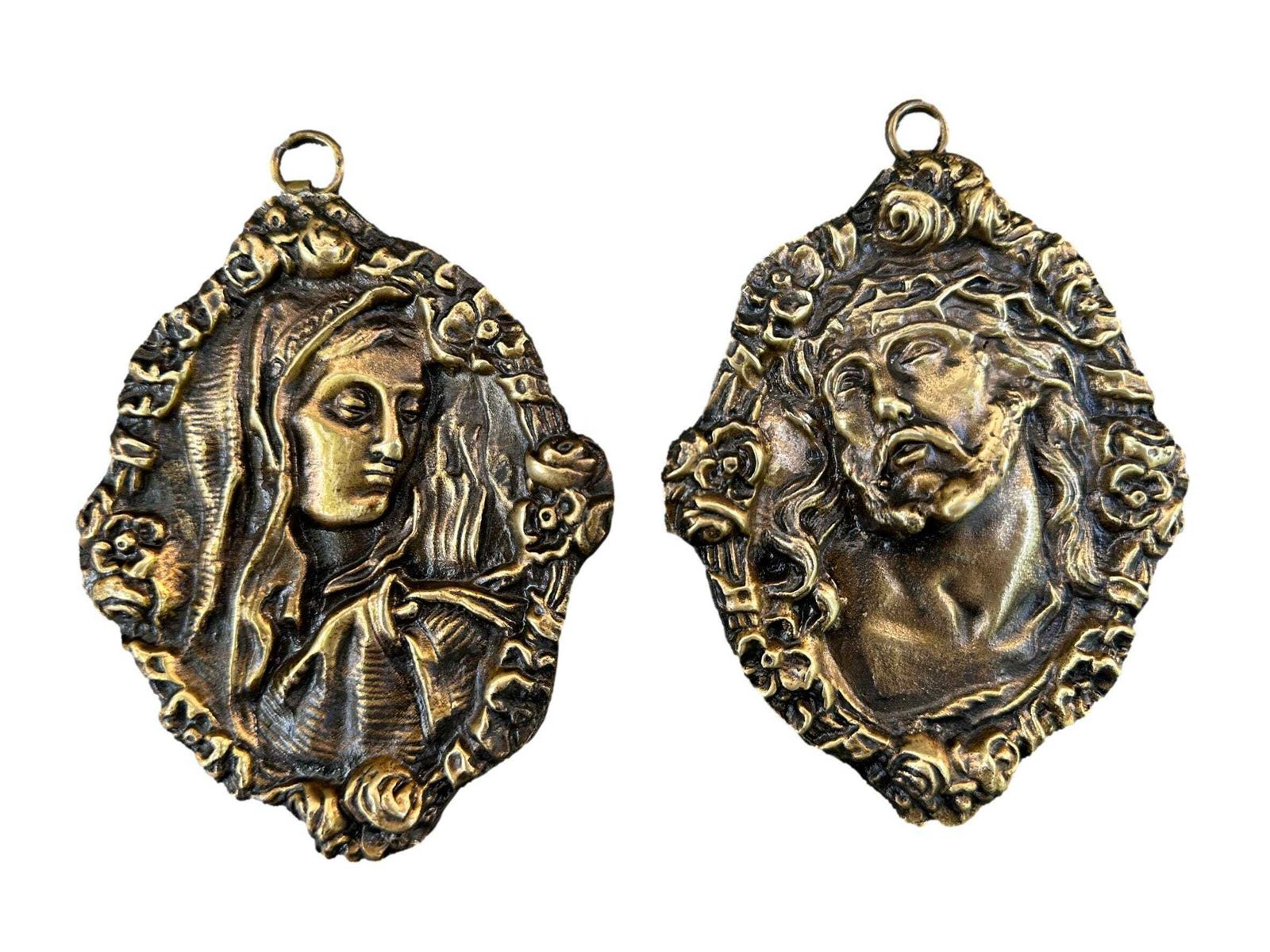 Antique French Bronze Medallions Pair – Virgin Mary Jesus Christ C. 1900 Wall Art
