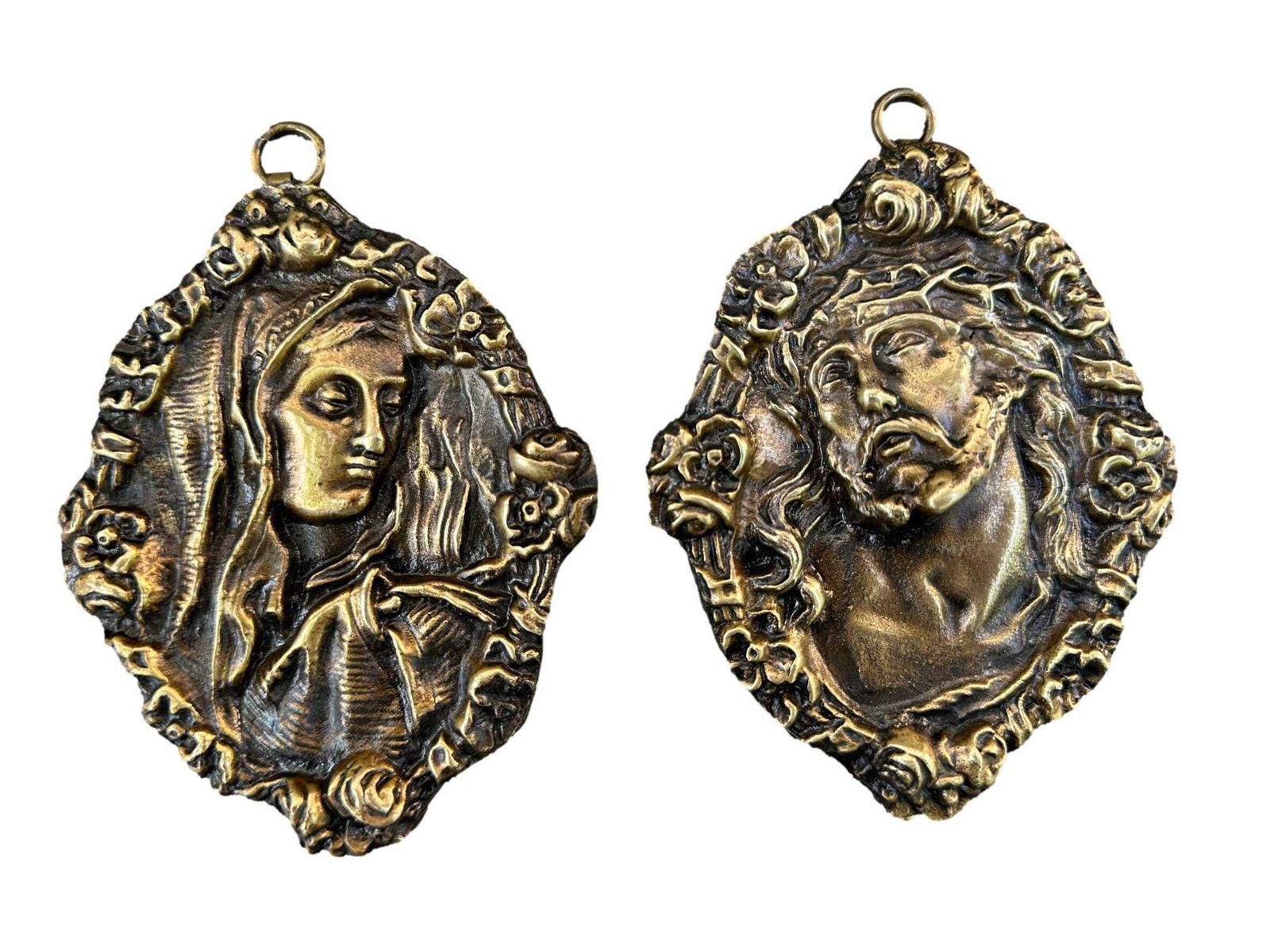 Antique French Bronze Medallions Pair – Virgin Mary Jesus Christ C. 1900 Wall Art photo furniture