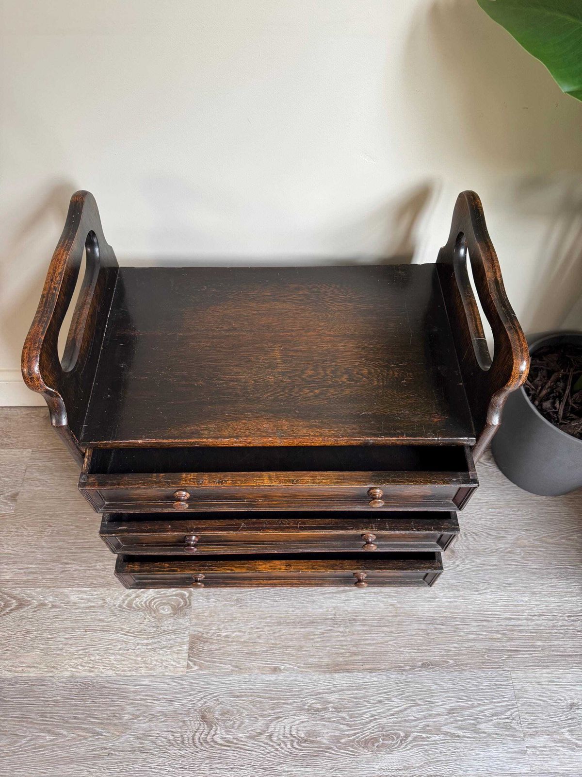 Vintage Wooden Piano Dressing Stool Dark Wood With Arms Drawers Storage photo for sale