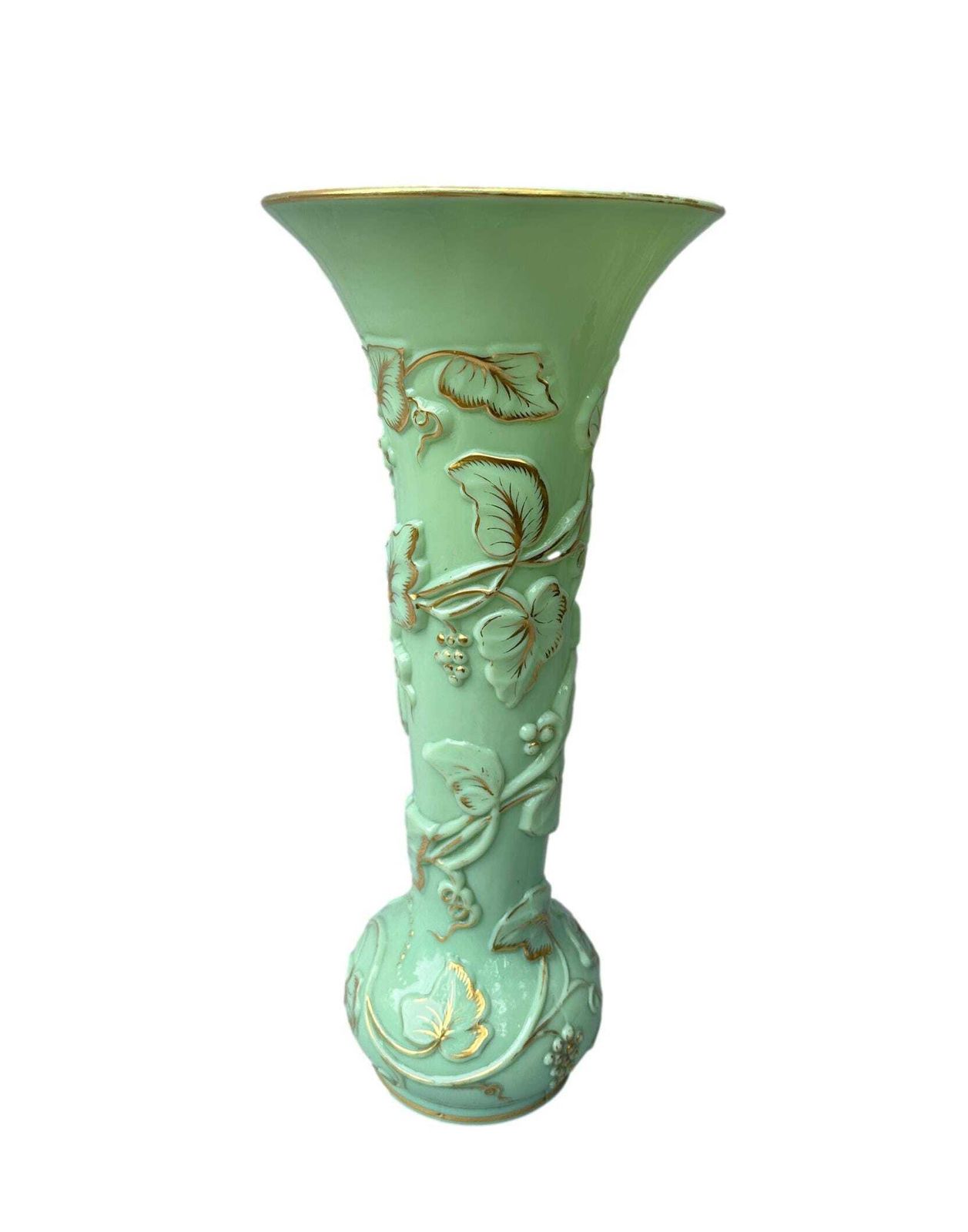 Large Antique Baccarat Xxl Opaline Glass Vase "Grapes & Vines"   Seafoam Green   1865 Napoleon III