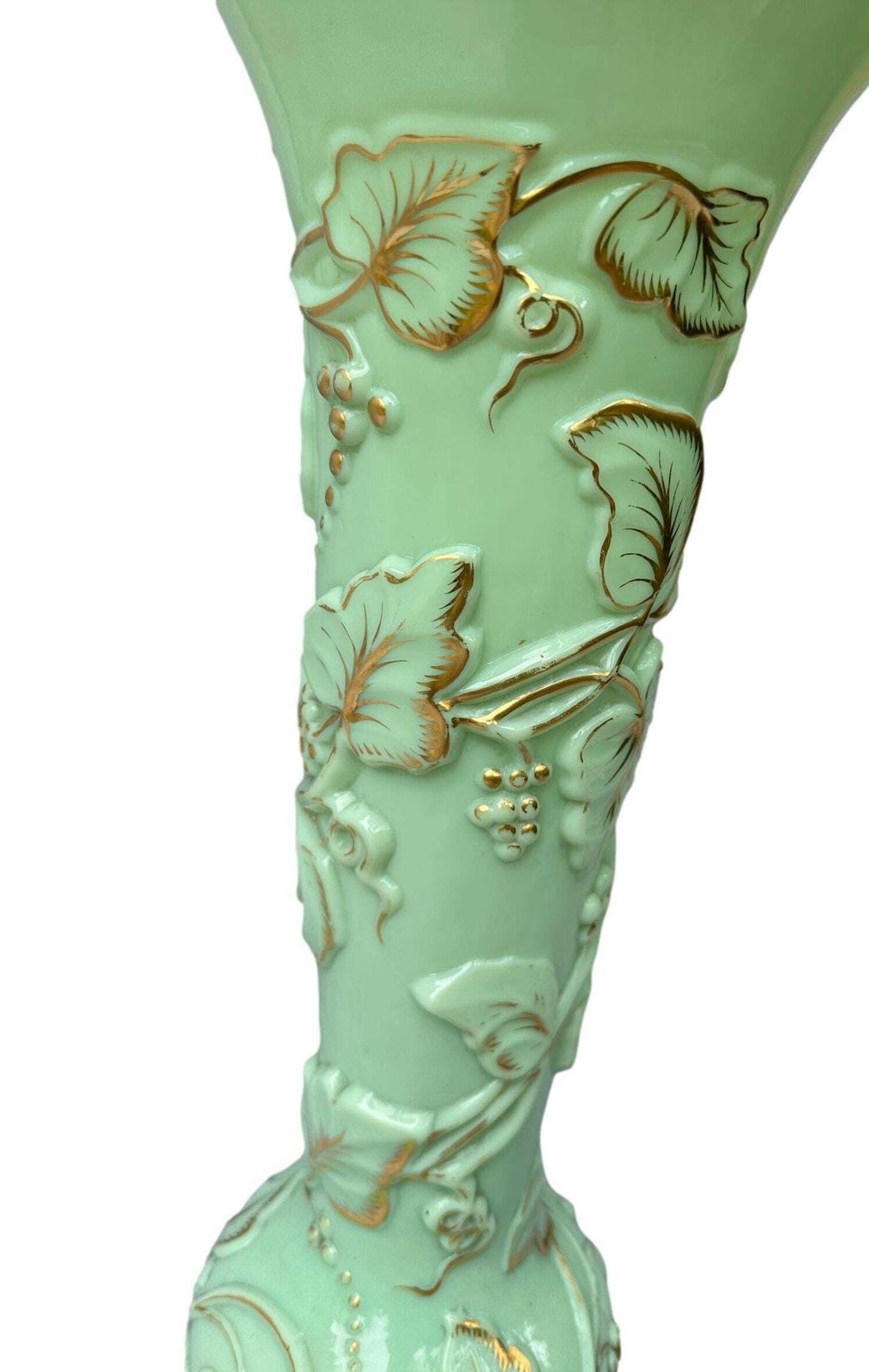 Large Antique Baccarat Xxl Opaline Glass Vase "Grapes & Vines"   Seafoam Green   1865 Napoleon III photo for sale