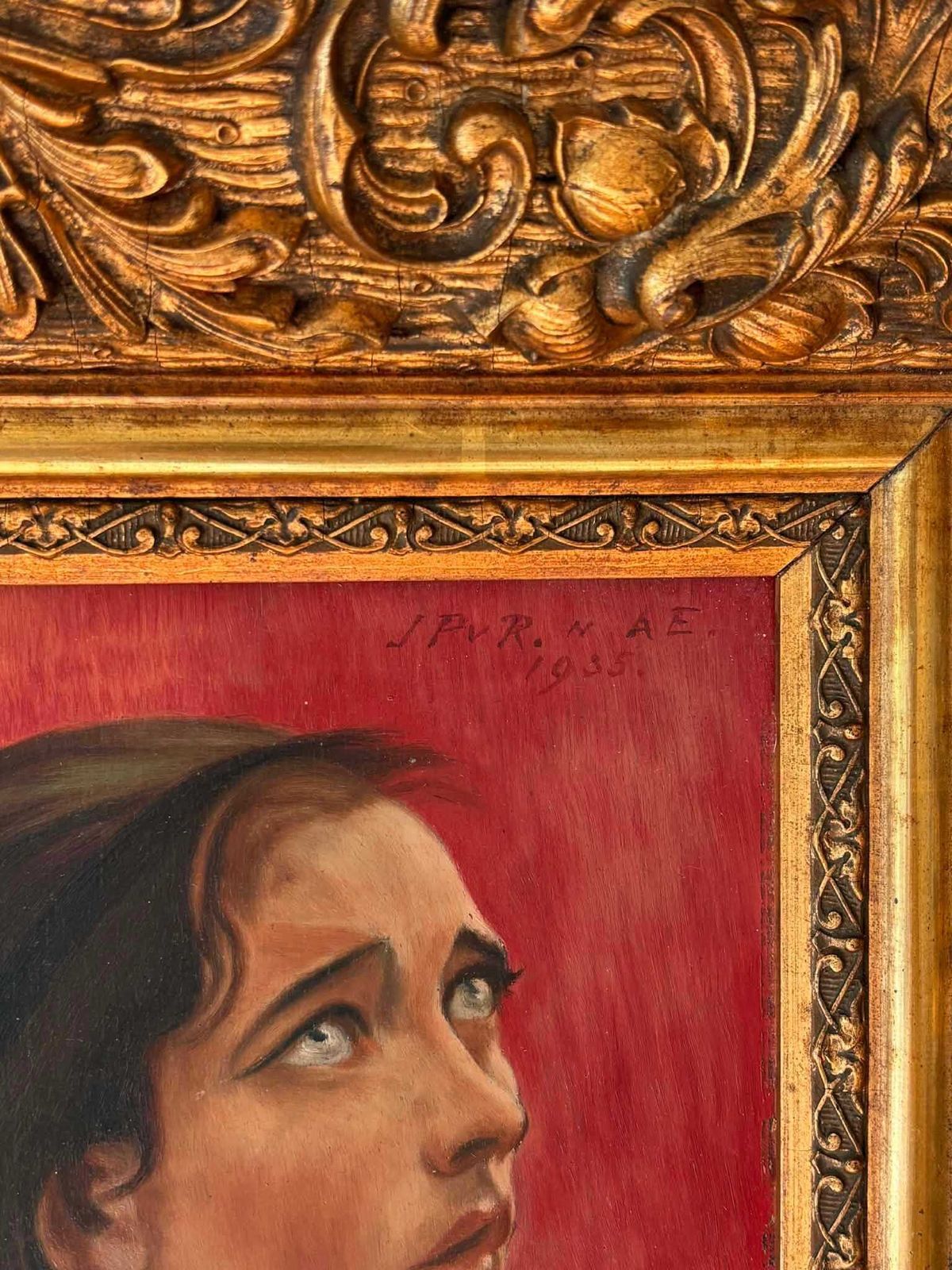 Antique Religious Portrait Painting, Signed 1935, Ornate Gold Frame photo Art