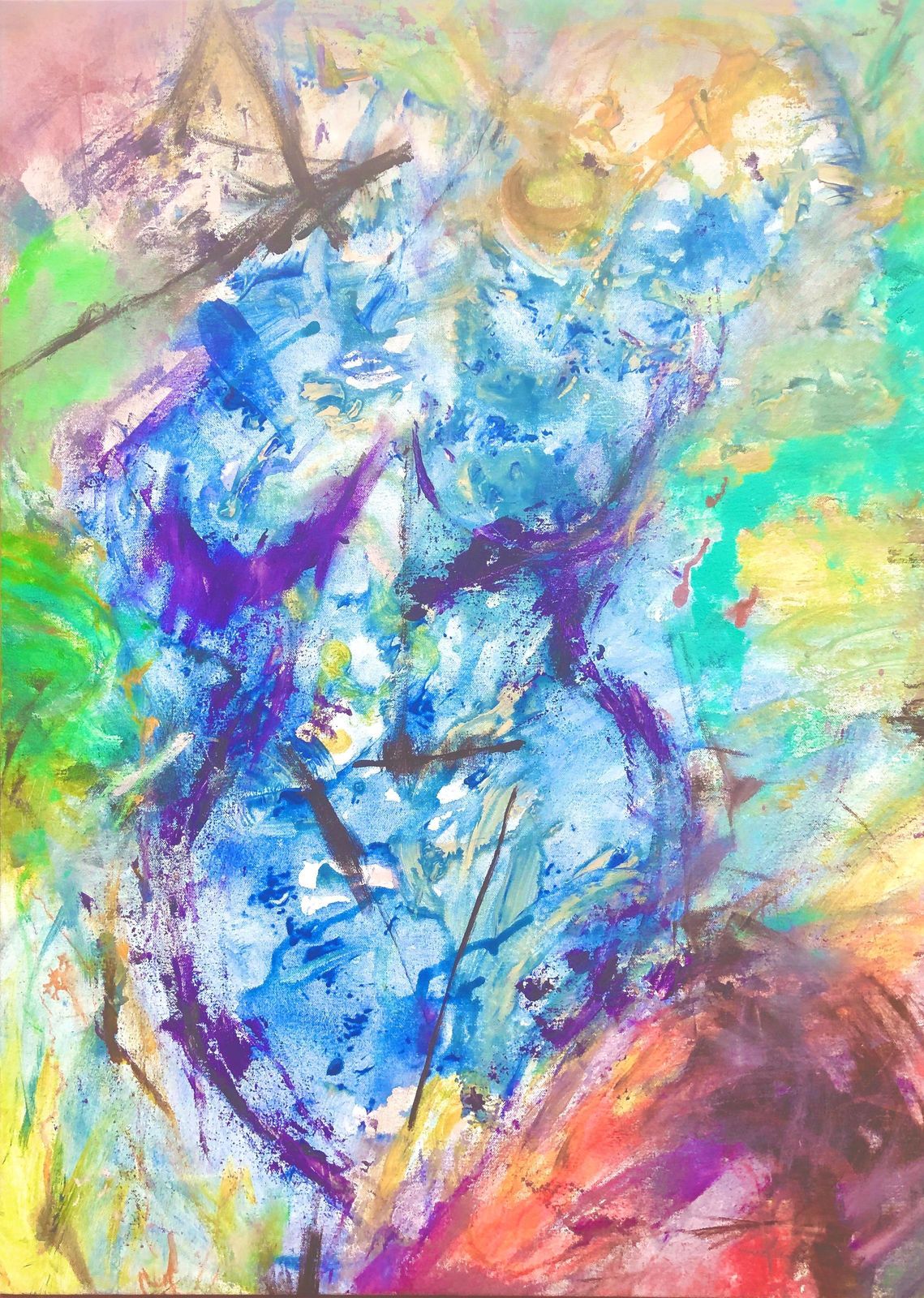 Nerea Caos Grande figure féminine abstraite expressionniste en bleu, violet et turquoise, huile sur toile 2023