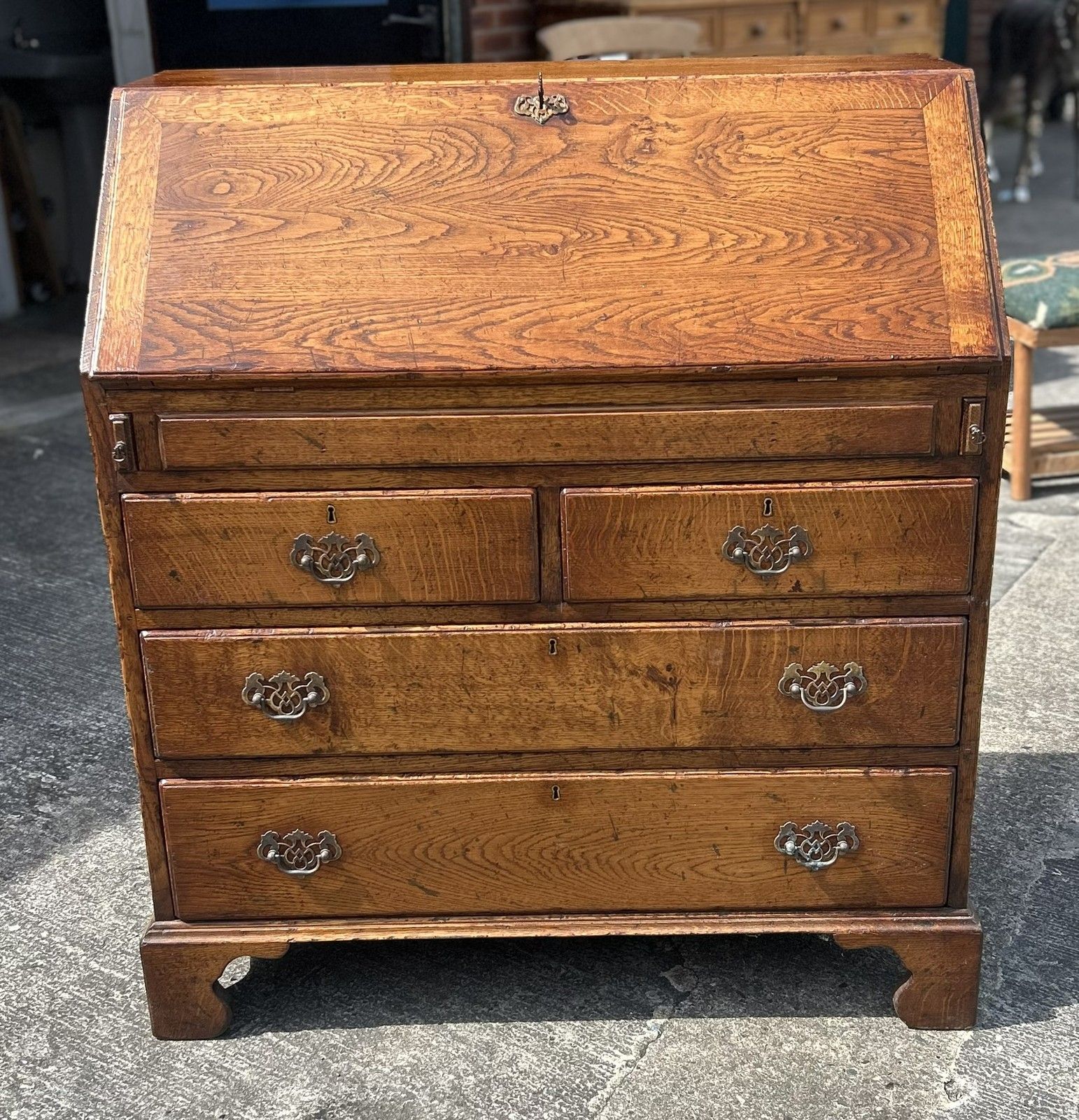 Quality English Country Solid Distressed Oak Bureau Desk With Fitted Interior photo furniture
