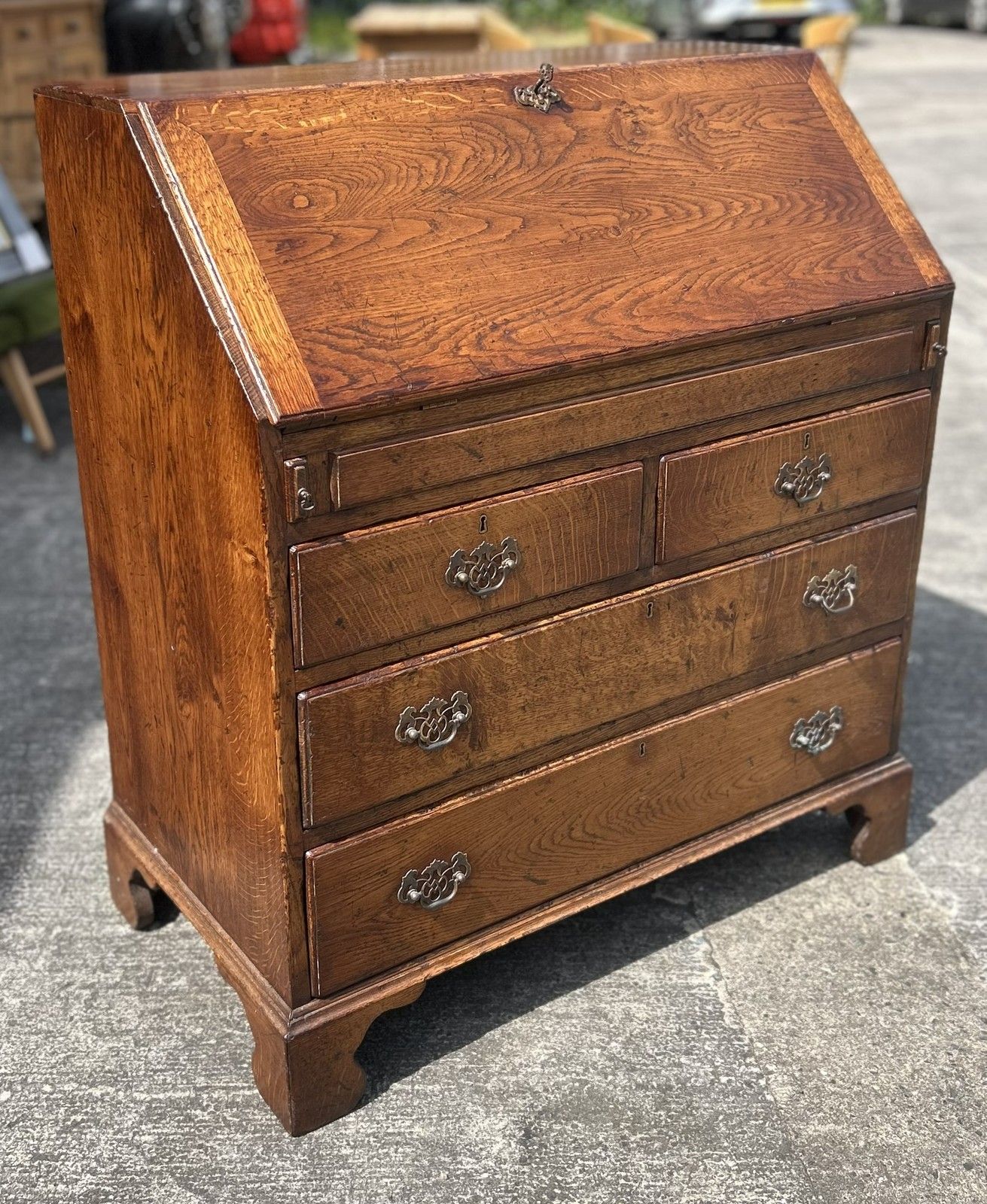 Quality English Country Solid Distressed Oak Bureau Desk With Fitted Interior photo for sale