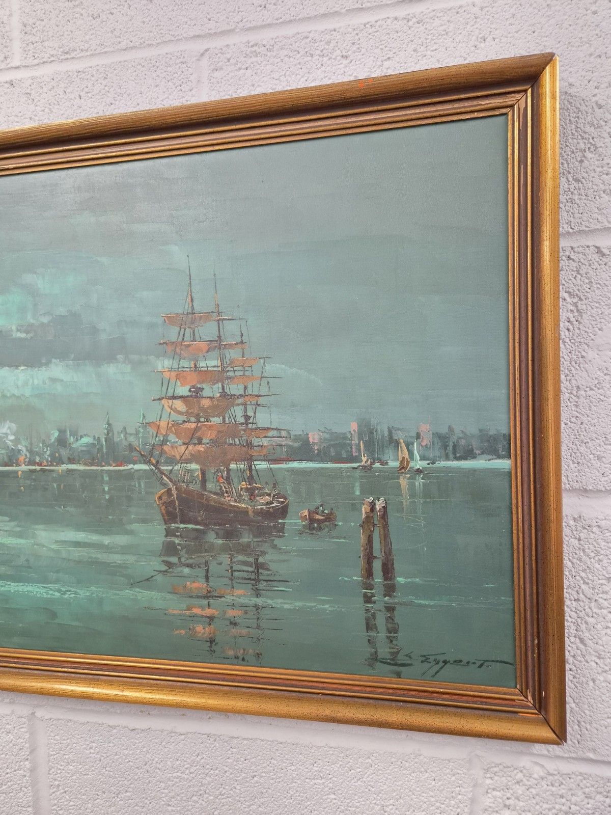 Vintage Mid Century Seascape Oil Painting Signed And Framed Large Marine Art photo for sale