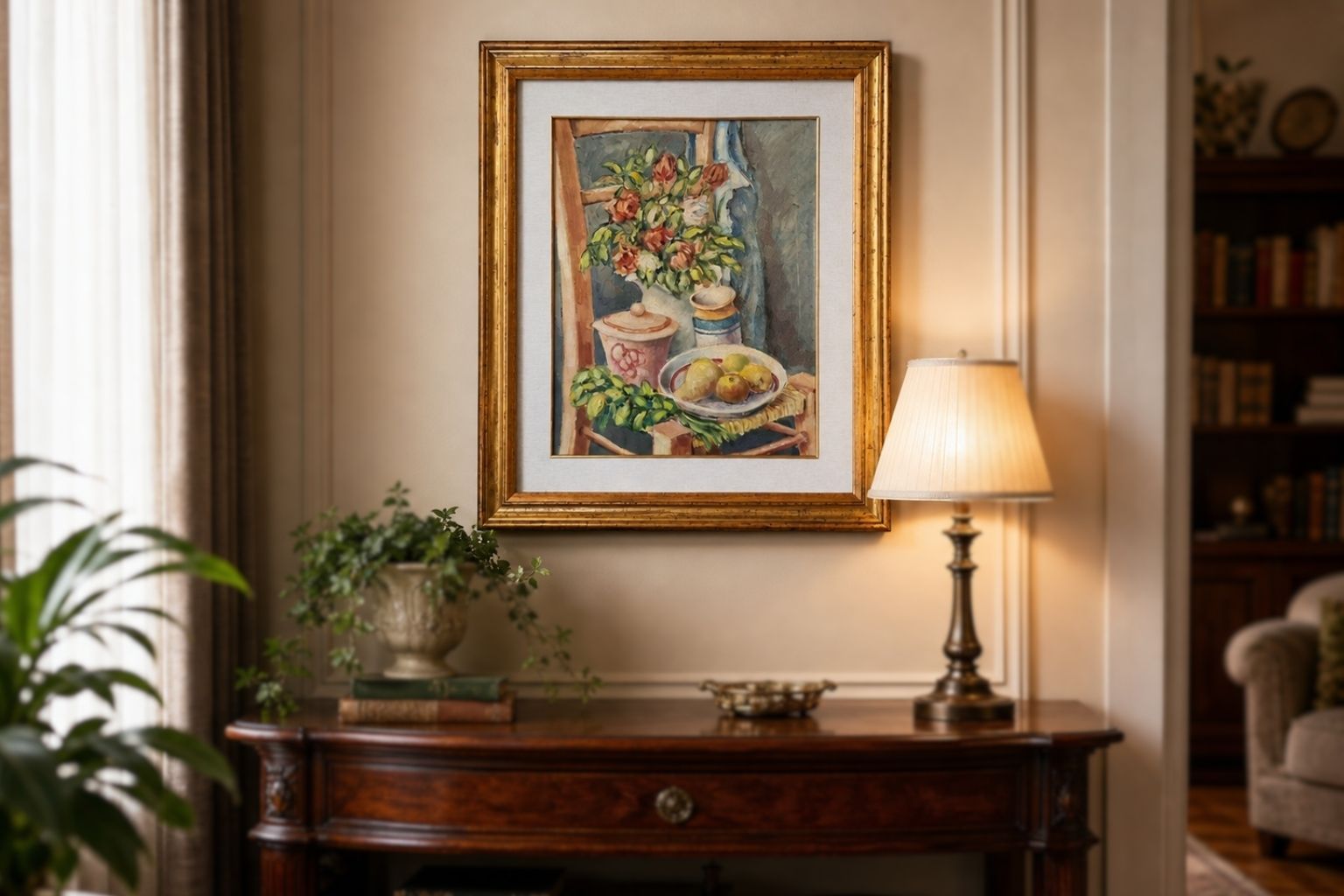 Elegante Natura Morta Su Sedia – Dipinto A Olio Con Cornice Dorata (59x69 Cm)