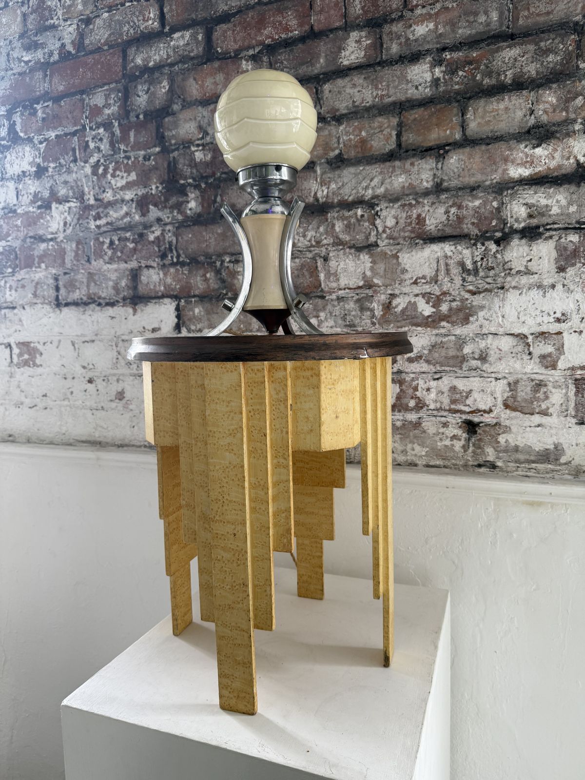 1930s Art Deco Occasional Table With Faux Bird’s Eye Maple Finish And Patinated Metal Top photo vintage