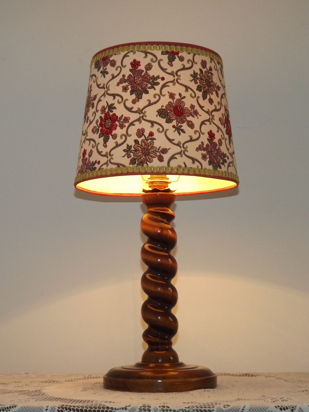 French Vintage Round Wooden Barley Twist Table Lamp With Floral Shade photo for sale
