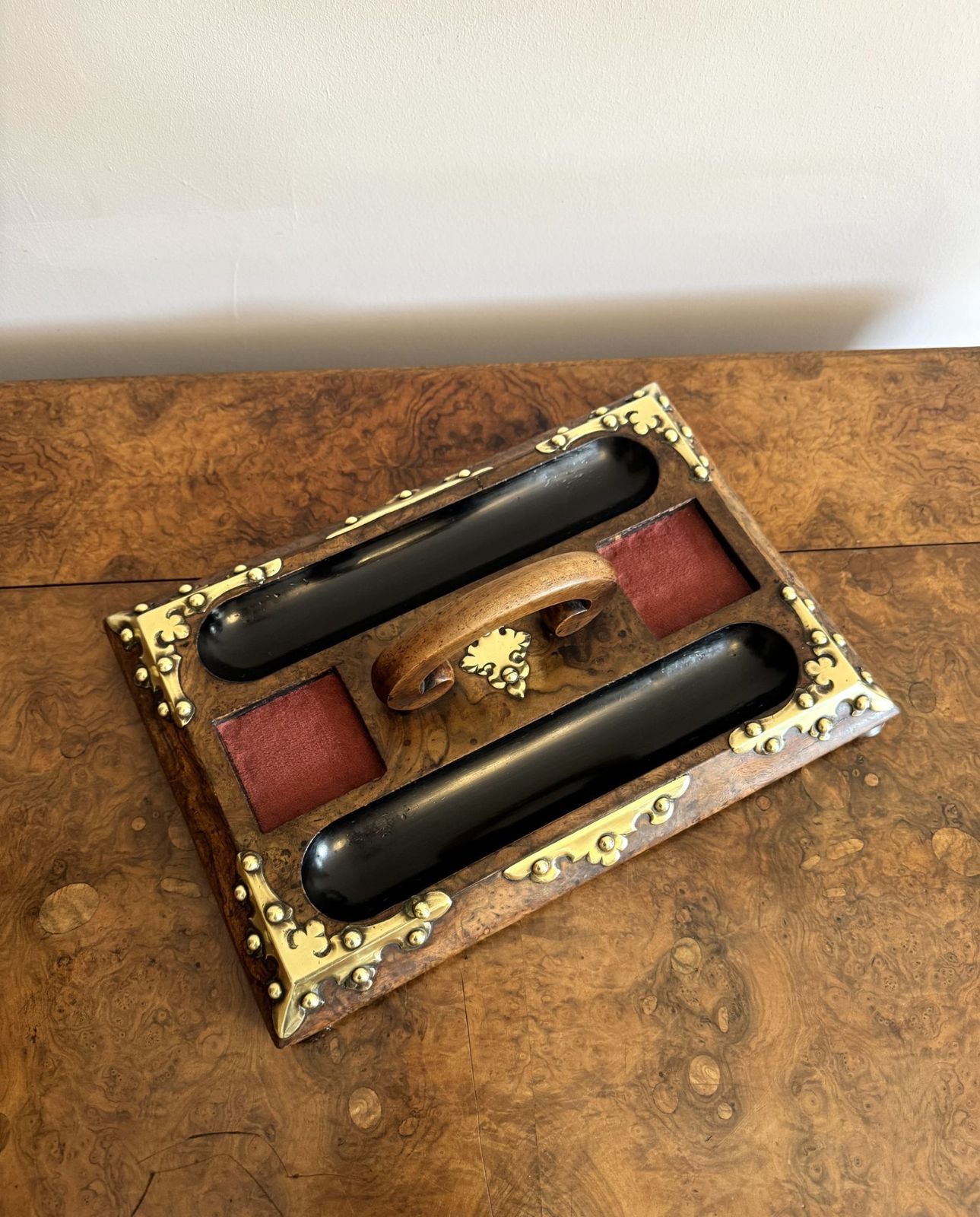 Fantastic Quality Antique Burr Walnut Brass Mounted Double Sided Desk Set photo furniture