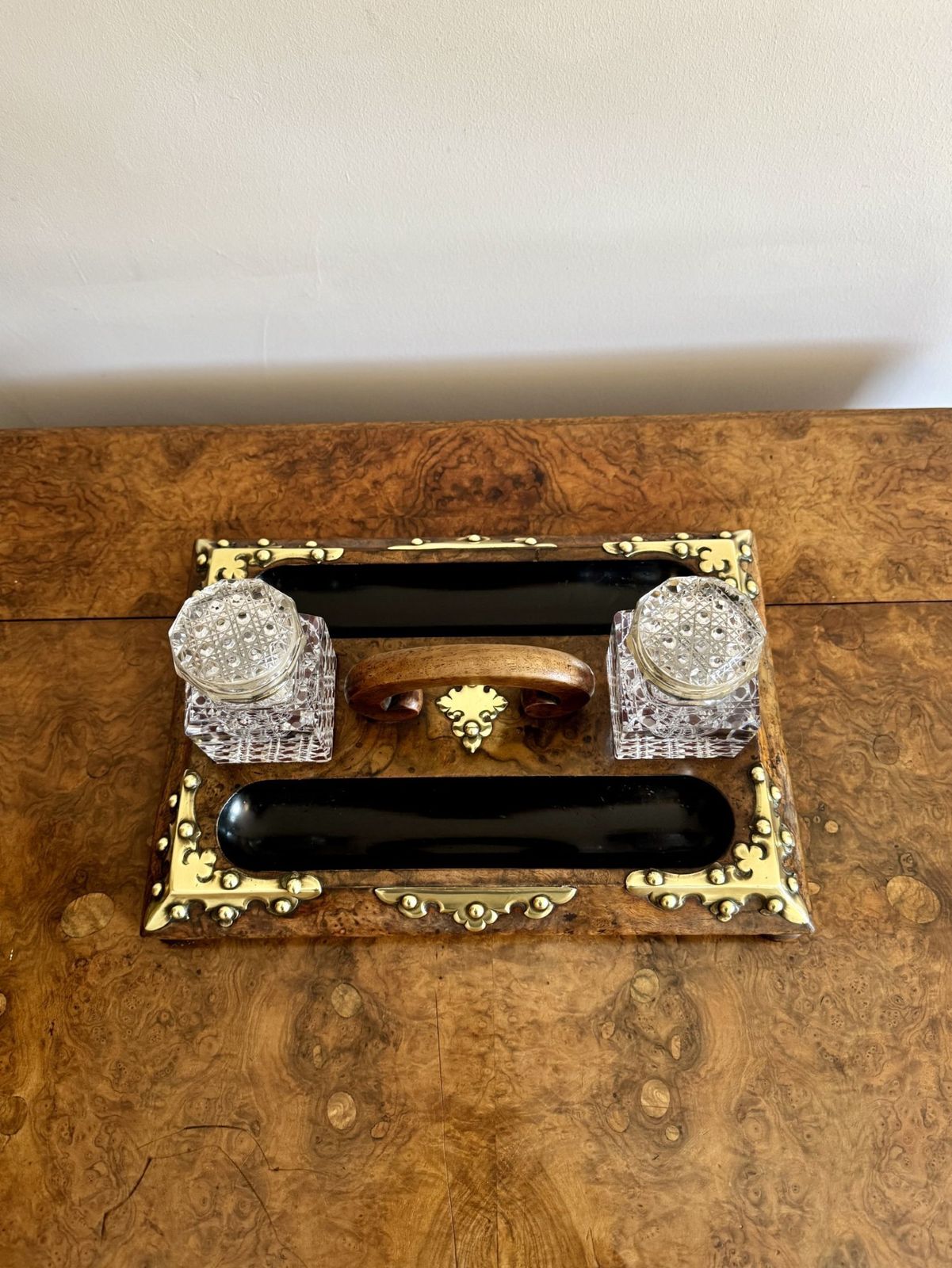 Fantastic Quality Antique Burr Walnut Brass Mounted Double Sided Desk Set photo Home Decor