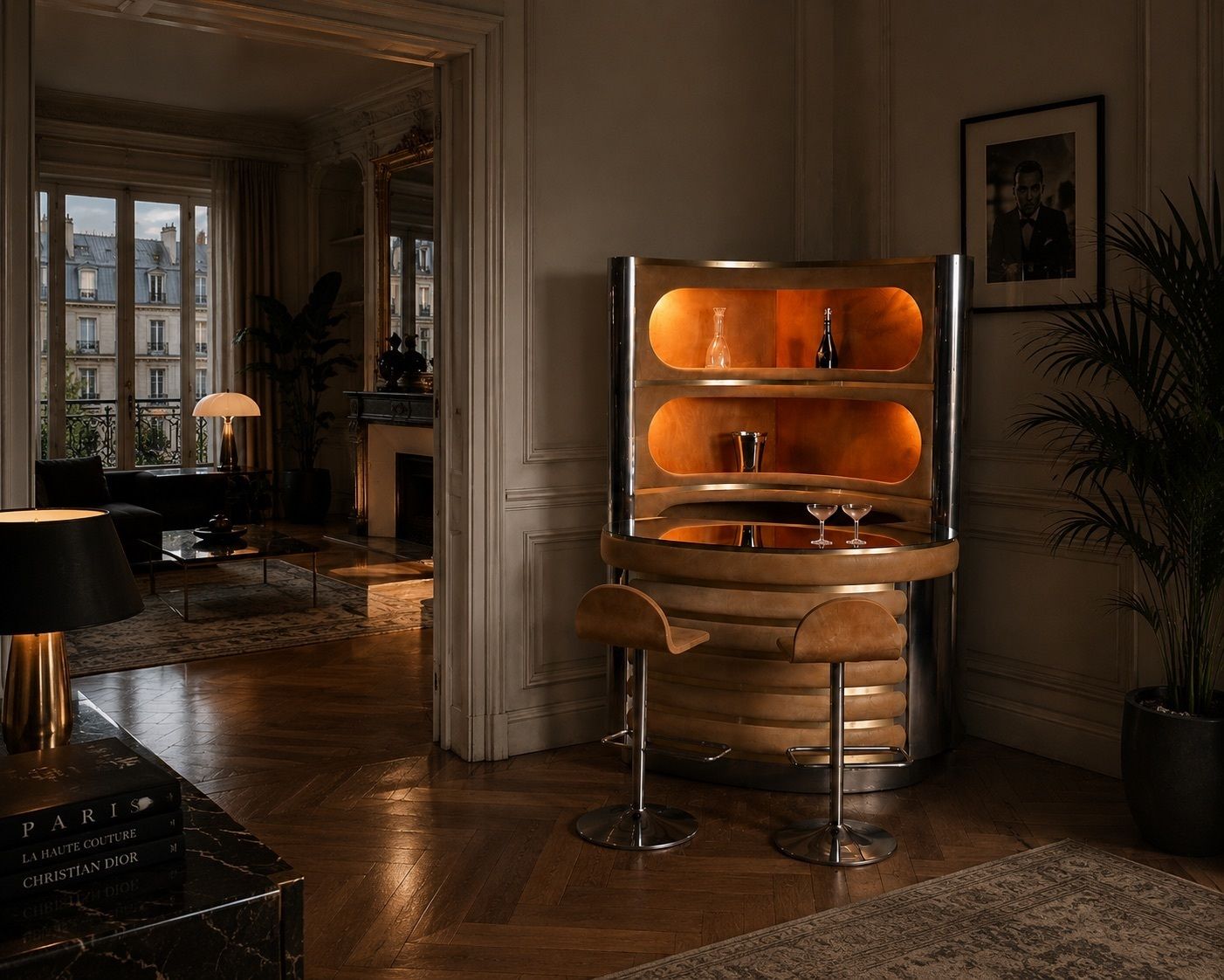 Furniture Suede And Chrome Dry Bar With Barstools In Cognac By Willy Rizzo, Italy 1970s photo