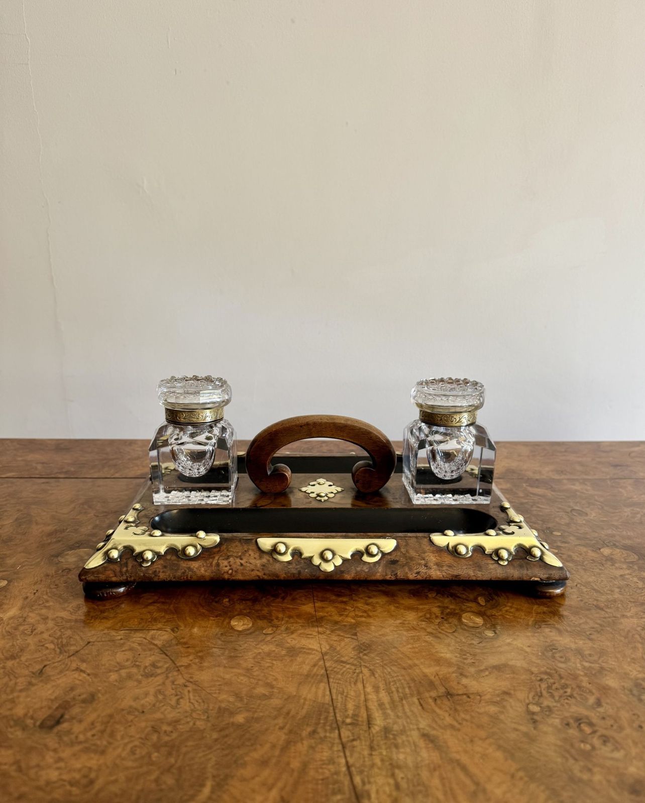Fantastic Quality Antique Burr Walnut Brass Mounted Double Sided Desk Set photo buy