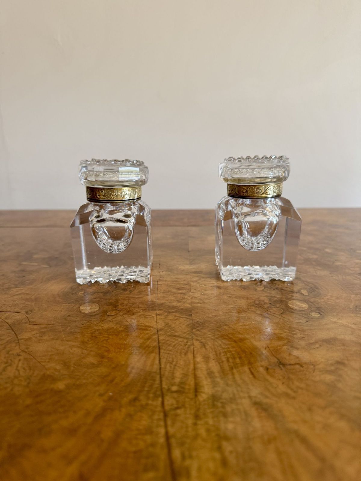 photo for sale Fantastic Quality Antique Burr Walnut Brass Mounted Double Sided Desk Set