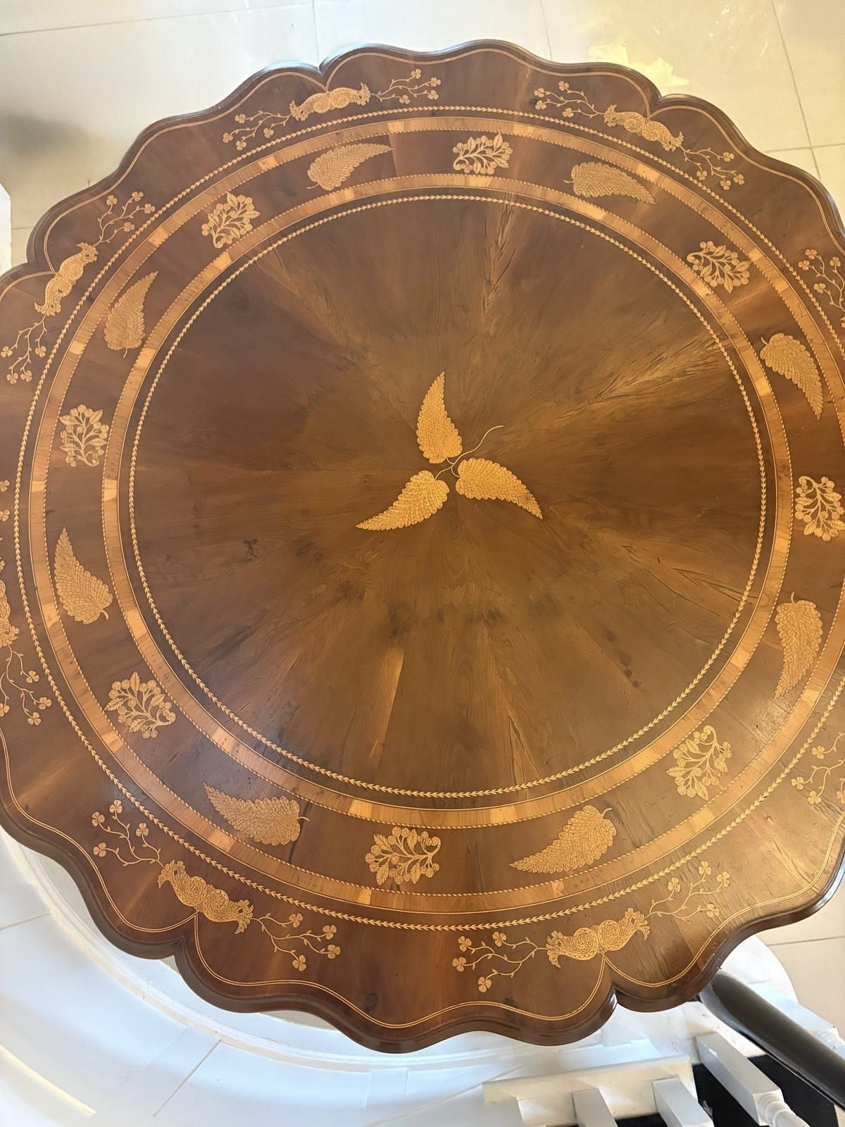 photo for sale Antique Exhibition Quality Irish Killarney Marquetry Inlaid Yew Wood Round Entry Hall Centre Table Large Attributed To The Egan Workshop