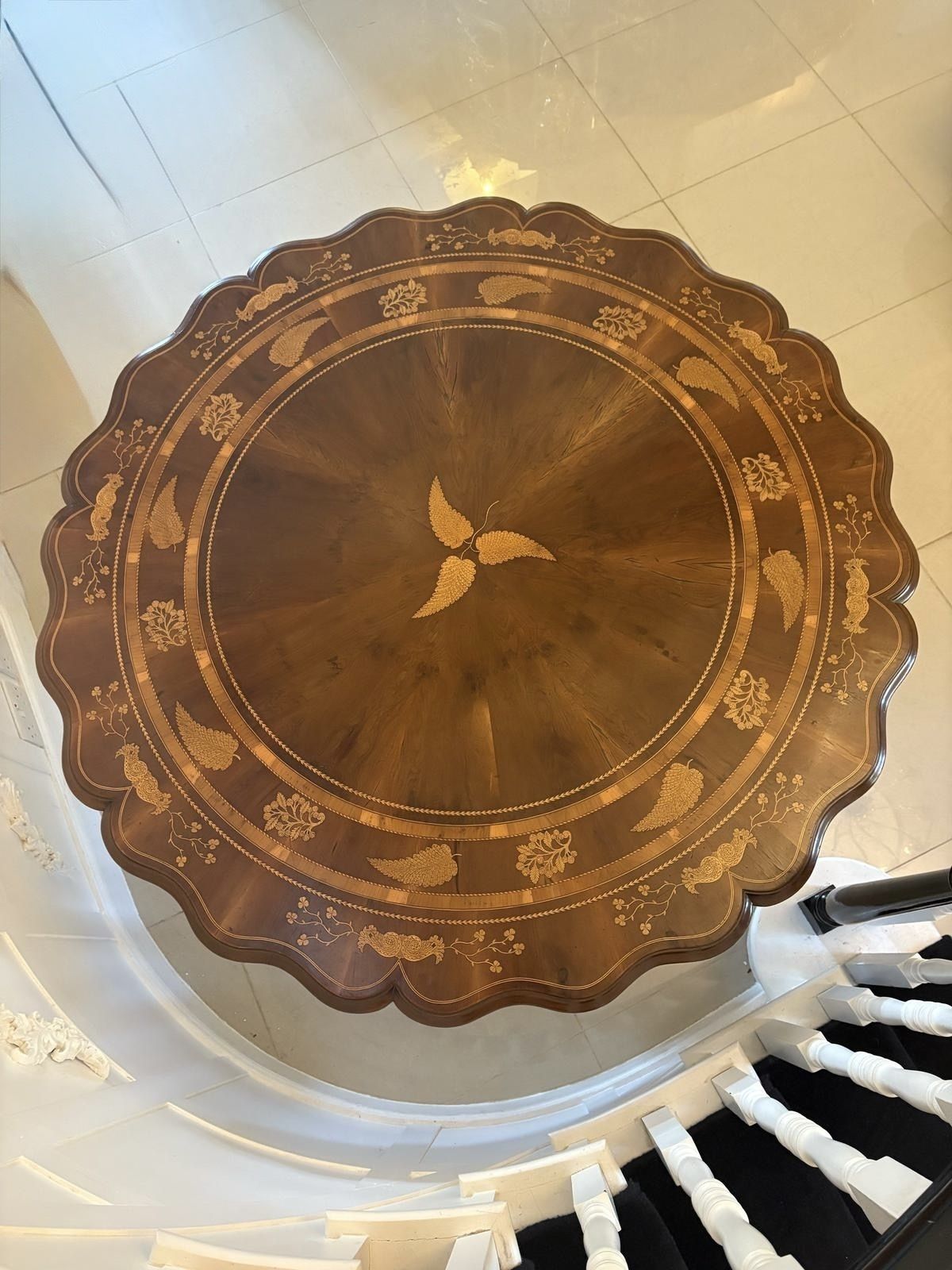 Furniture Antique Exhibition Quality Irish Killarney Marquetry Inlaid Yew Wood Round Entry Hall Centre Table Large Attributed To The Egan Workshop photo