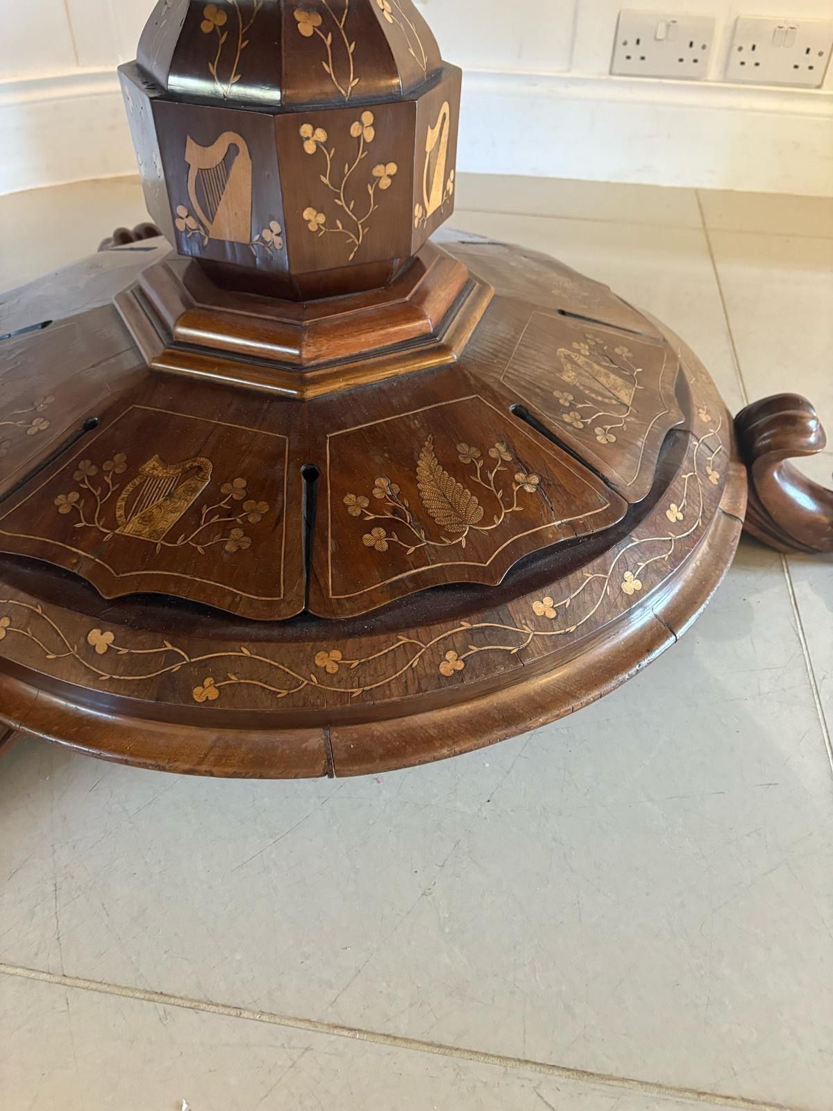 149000.0 Antique Exhibition Quality Irish Killarney Marquetry Inlaid Yew Wood Round Entry Hall Centre Table Large Attributed To The Egan Workshop photo
