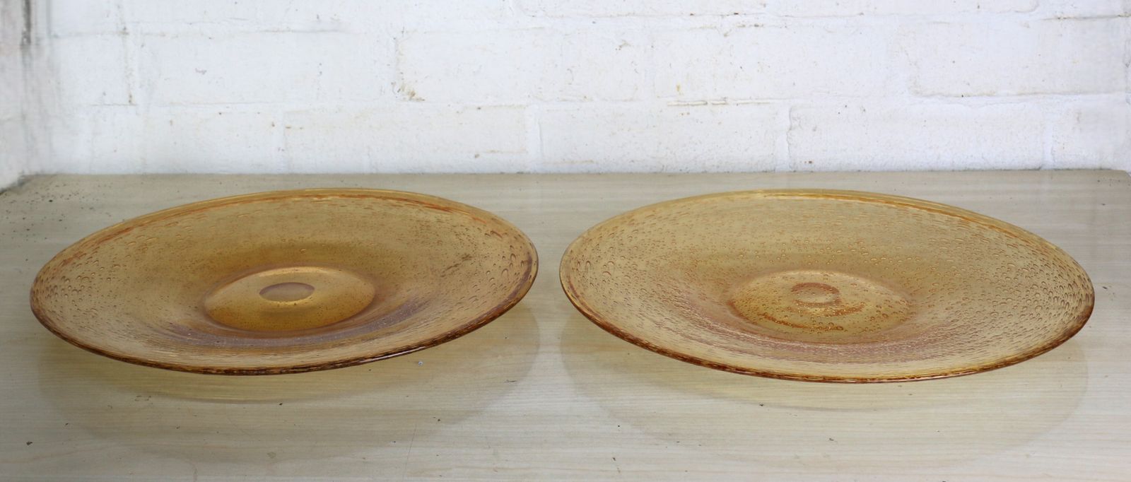 A Pair Of Mid Century Italian Low Glass Dishes Pale Yellow Coloured With Intense Bubble Decoration photo furniture