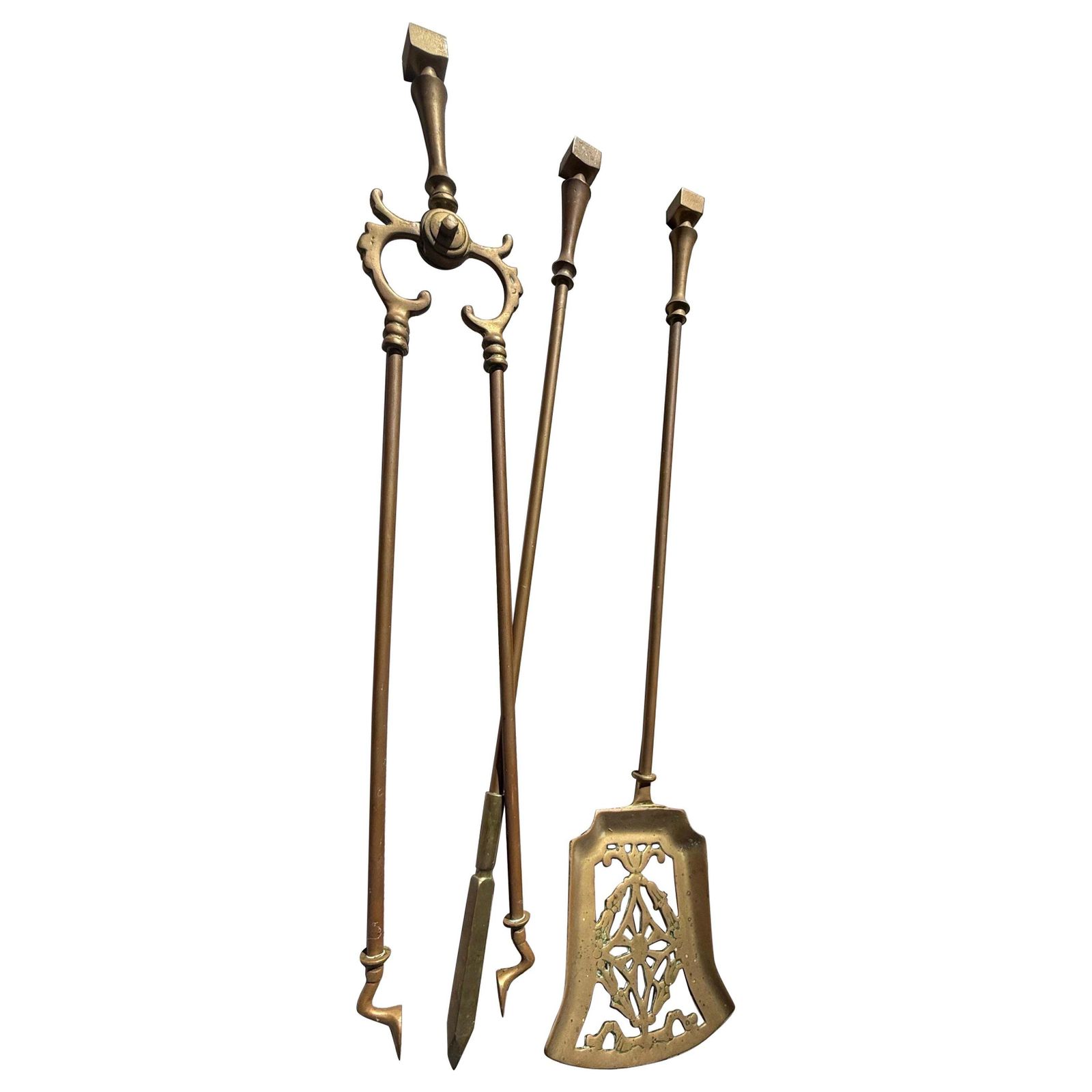 Victorian Gothic Solid Brass Fire Companion Pair, Fireplace Tools, 19th Century