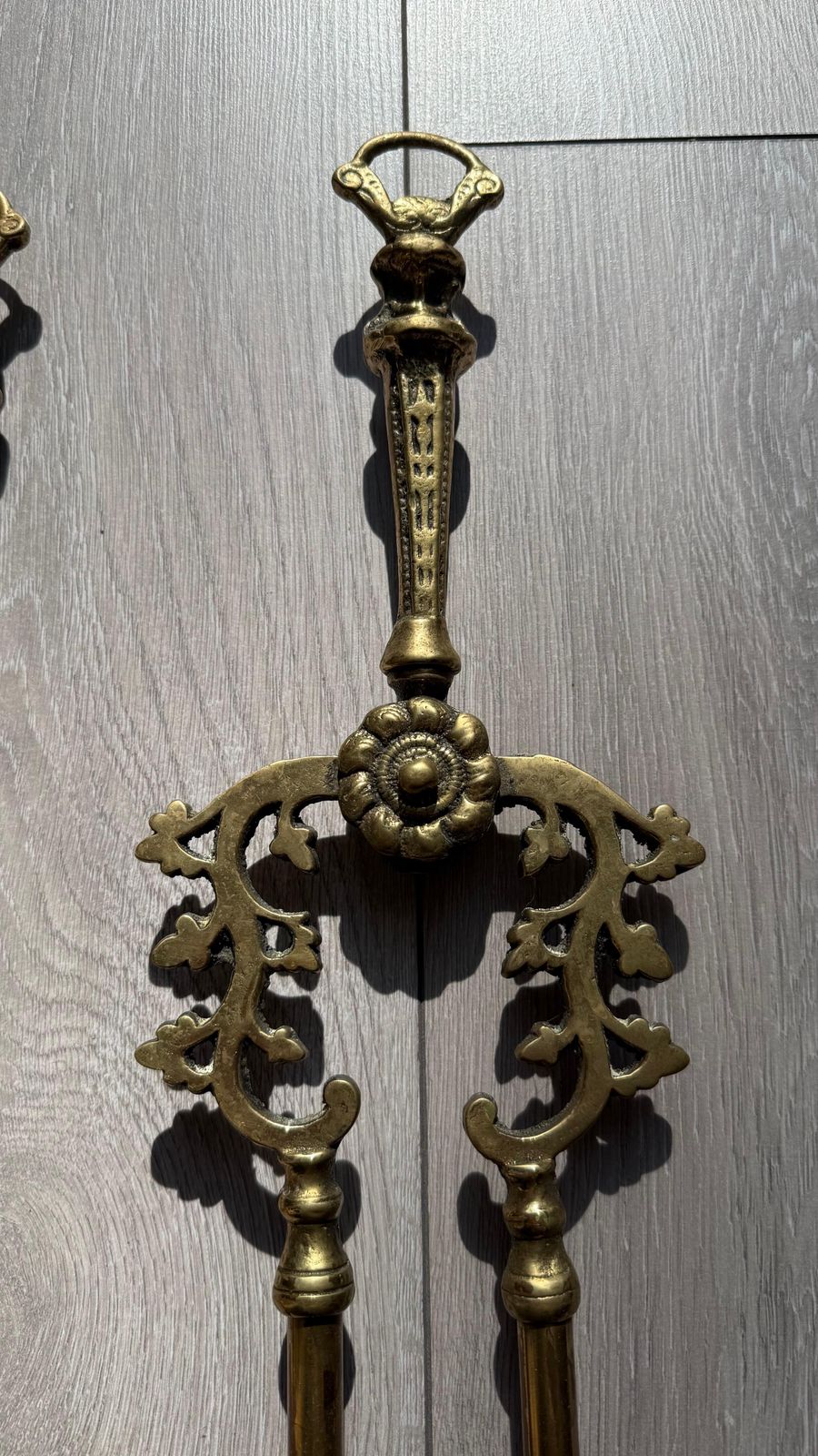 Victorian Gothic Solid Brass Fire Companion Pair, Fireplace Tools, 19th Century photo vinterior
