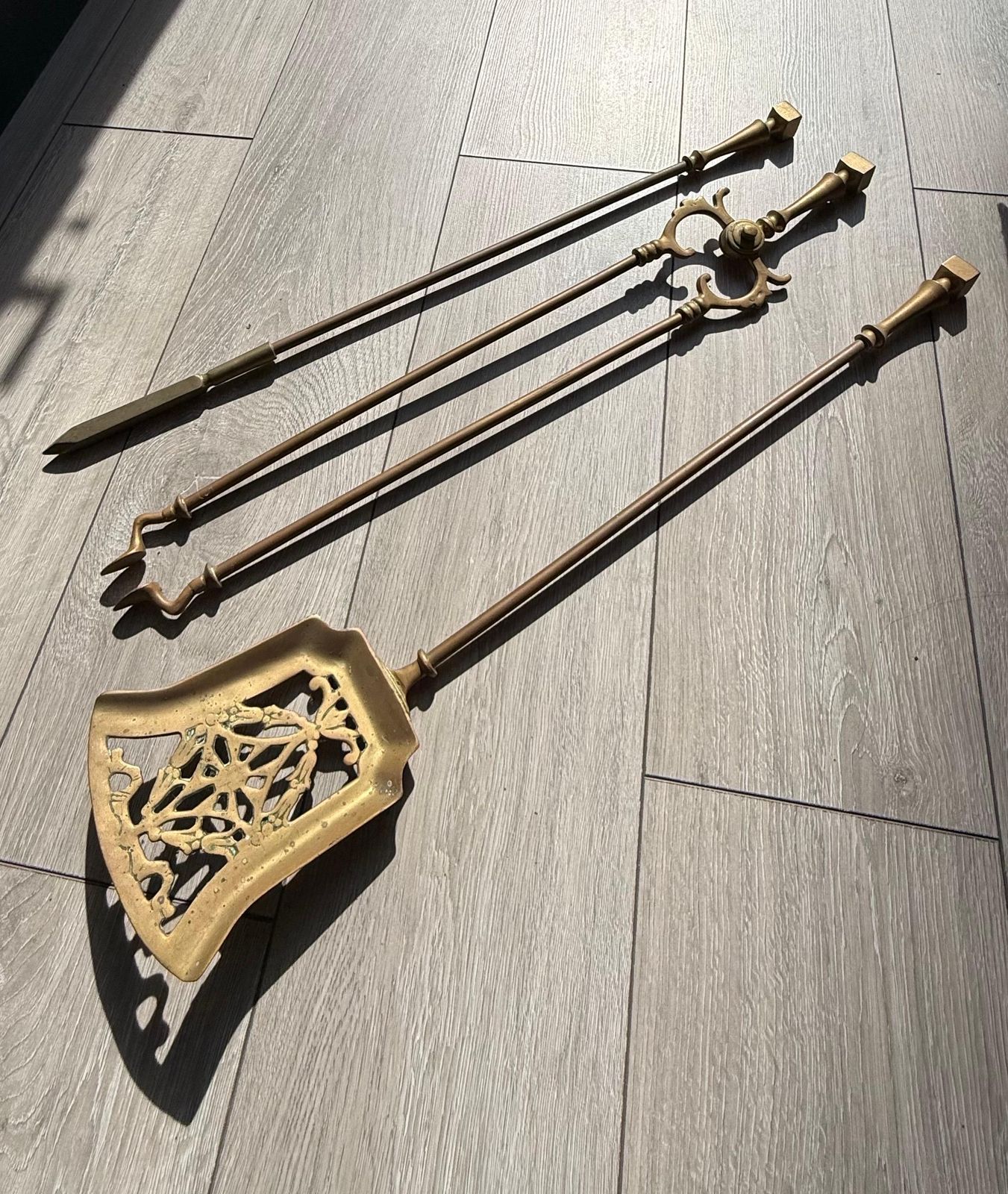 Victorian Gothic Brass Fire Companion Set, Fireplace Tools, 19th Century photo furniture