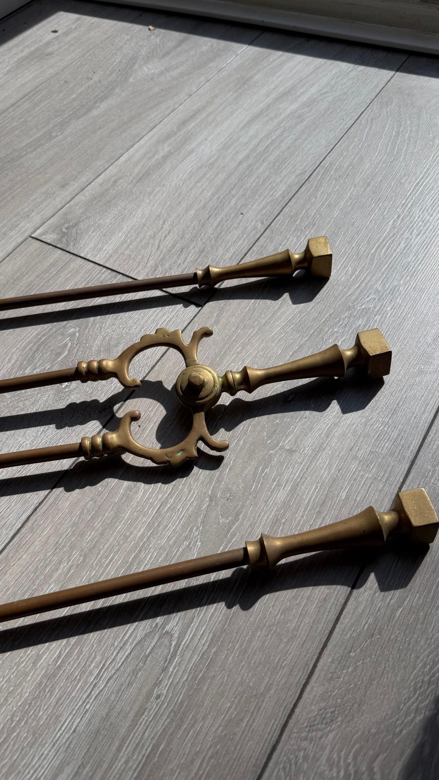 Victorian Gothic Brass Fire Companion Set, Fireplace Tools, 19th Century photo for sale