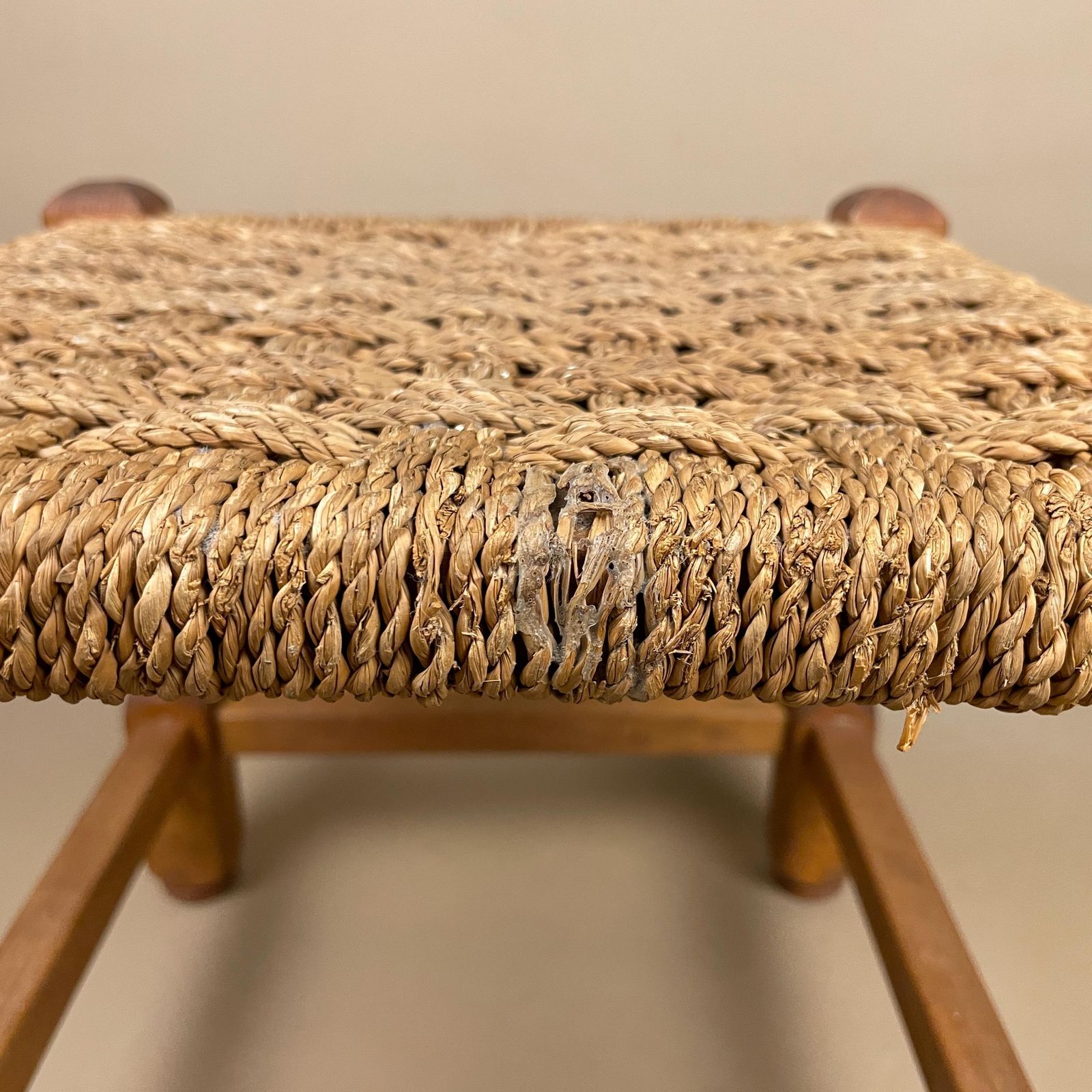 Furniture Antique Wooden Foot Stool Woven String Wood Cottage Furniture Square Brown Hallway Seat 29x30x30cm Footstool Bench Natural Rush Seat photo