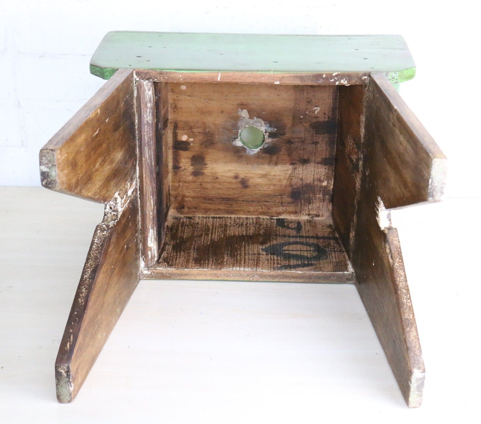 Antique Aged Wooden Stool Rural Farmhouse Original Country Style Rustic Kitchen photo vinterior