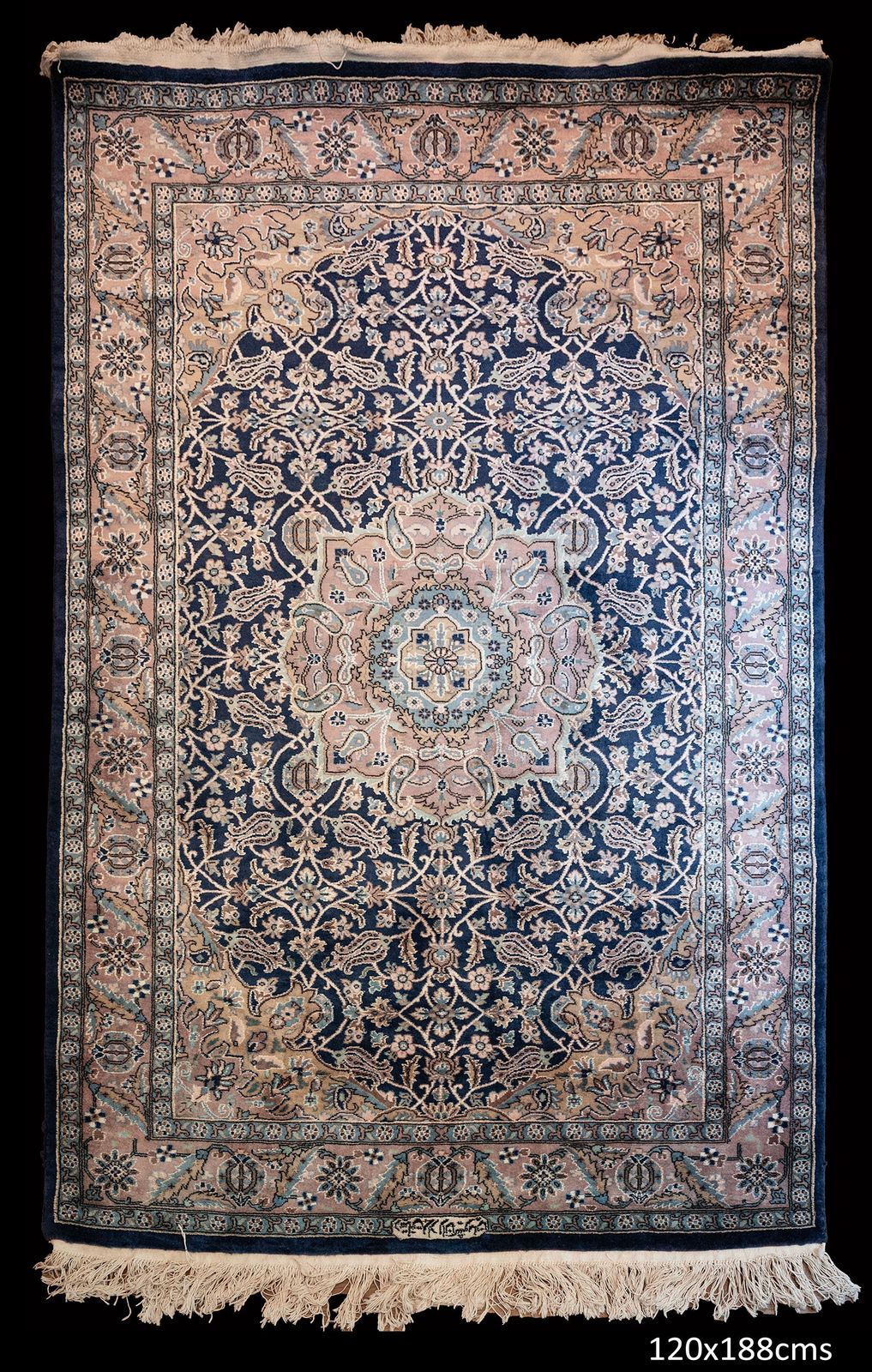 Fine Wool & Silk Indigo Rug In Mahi & Pomegranate Motif