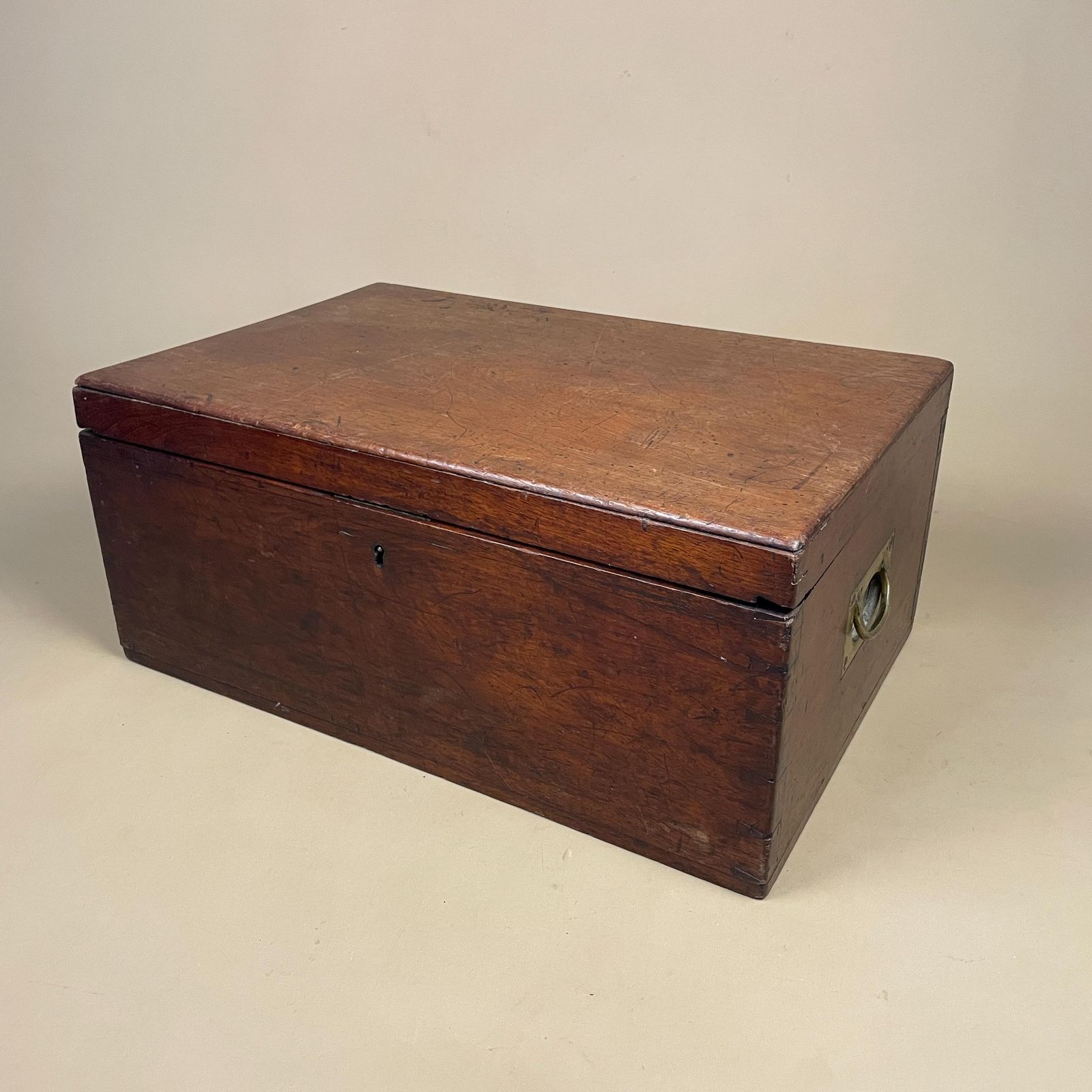 Wooden Campaign Chest Antique Box Military Wood Brass Metal Handles 19th Century Trinket Jewellery Keepsake Gold Trims Lid Rectangle Trunk photo for sale
