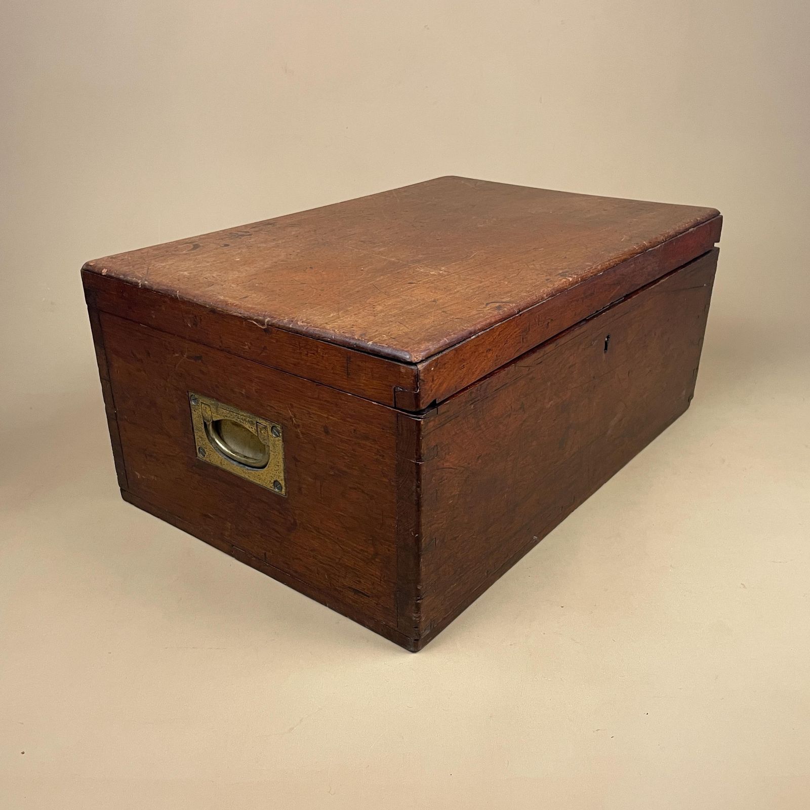 Wooden Campaign Chest Antique Box Military Wood Brass Metal Handles 19th Century Trinket Jewellery Keepsake Gold Trims Lid Rectangle Trunk photo buy