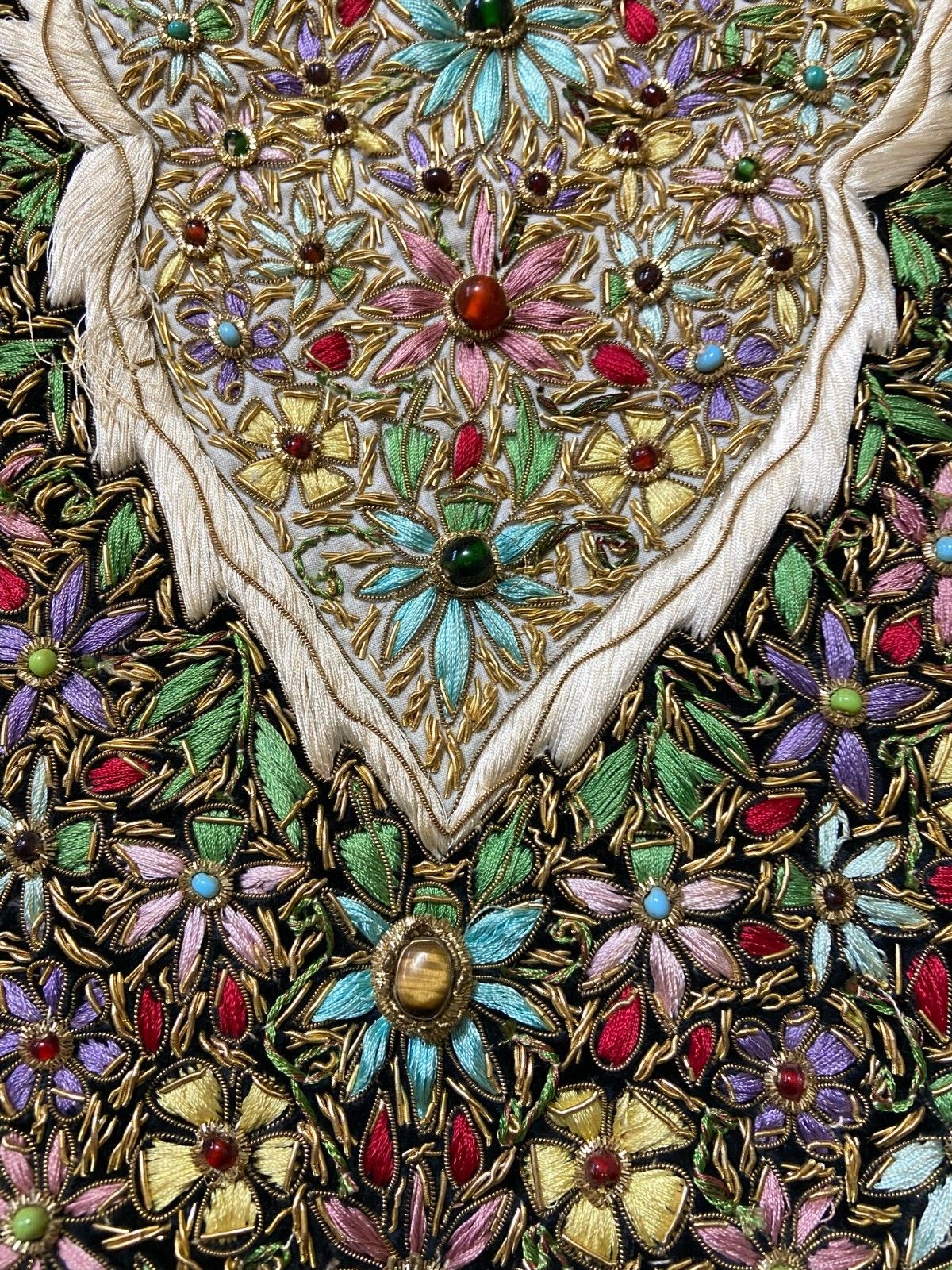 Vintage Handmade Zardozi Tapestry Gemstone Gold Thread Embroidered Jewel Carpet photo 600.0