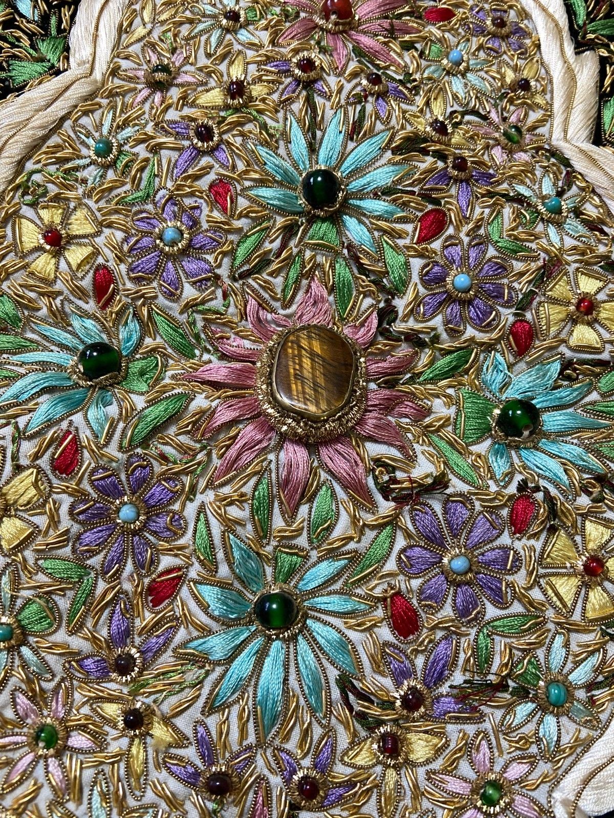 Vintage Handmade Zardozi Tapestry Gemstone Gold Thread Embroidered Jewel Carpet photo vinterior